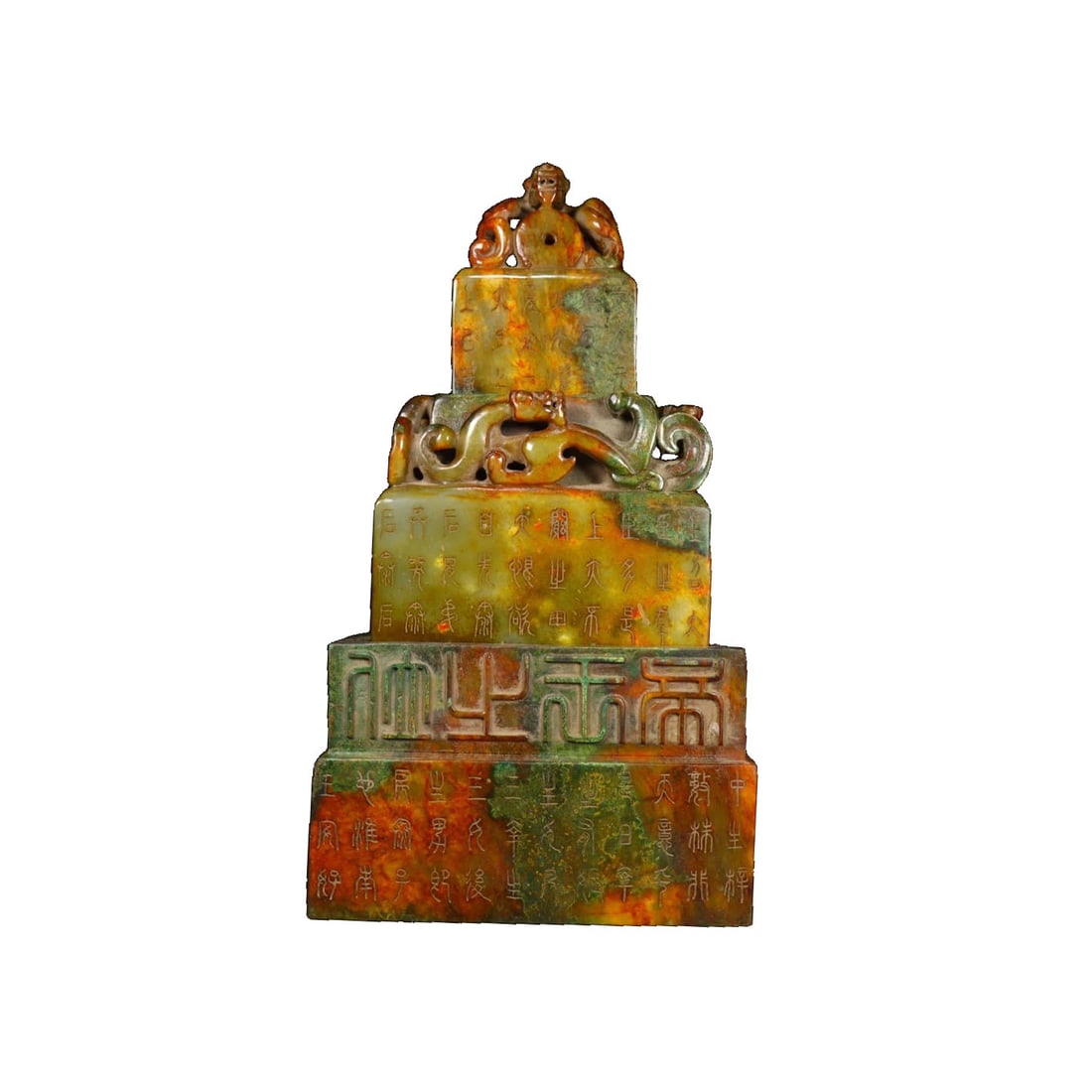 He Tian Jade Three-layer Seal: This He Tian jade three-layer seal features a rich patina and exquisite craftsmanship, with meticulous details that showcase the charm of traditional artistry. Its dignified form makes it suitable for