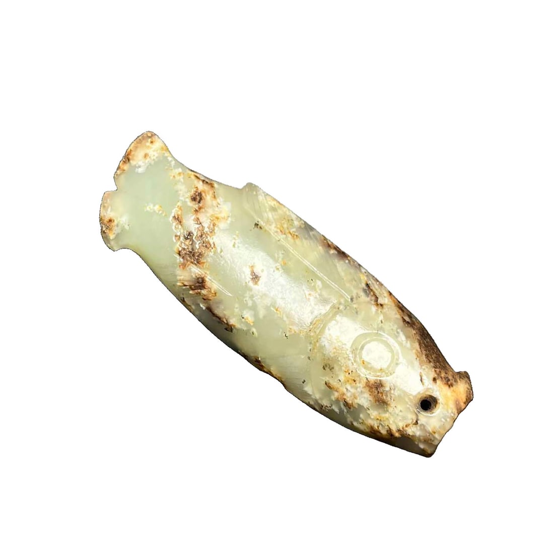 Western Zhou Hetian Jade Fish Pendant: This Western Zhou fish pendant is carved from high-quality Hetian jade, showcasing exquisite craftsmanship and vivid details that reflect the unique charm of ancient jade artifacts. Its elegant form s