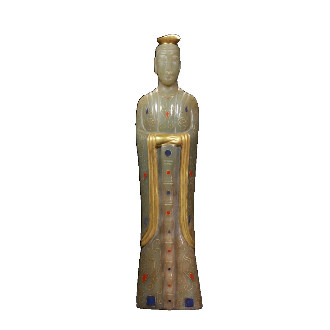 Qing Dynasty Gold-inlaid Gemstone Civil Official Figure: This Qing Dynasty gold-inlaid gemstone civil official figure features a gilded crown, with hands gathered in wide sleeves, presenting an upright and dignified posture. The garment is outlined with gol