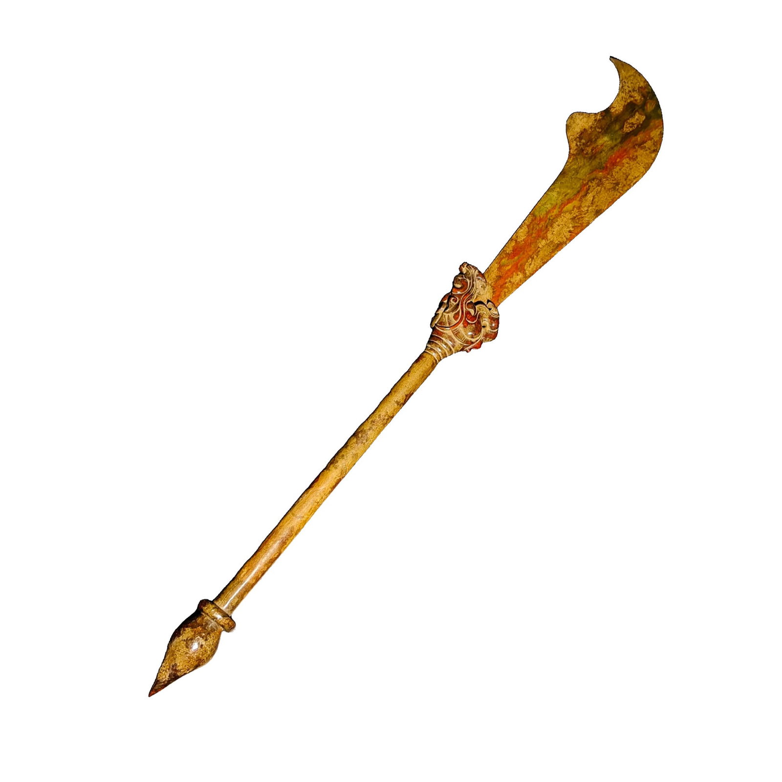 Hetian Jade Large Knife: This Hetian jade large knife features exquisite carving, smooth lines, and a warm, translucent jade quality, embodying an ancient elegance, making it a prized collectible.127 cm long, 16 cm wide, weig