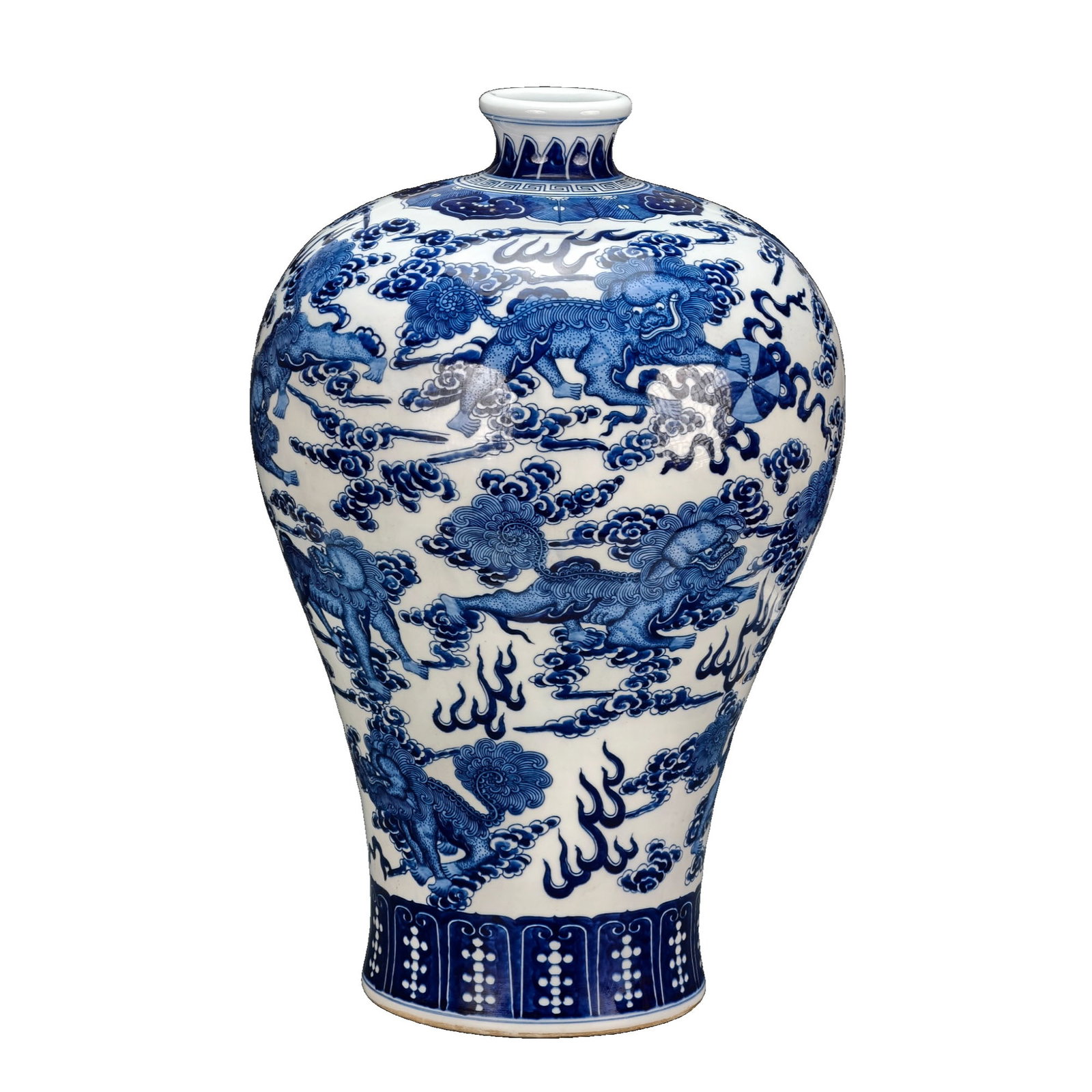 Qing Dynasty Blue and White Lion Dance and Embroidered Ball Vase: This vase is a Qing Dynasty Qianlong period piece, a thick-bodied large vase that feels substantial in hand. The exquisite craftsmanship features a blue and white design of lion dance and embroidered 