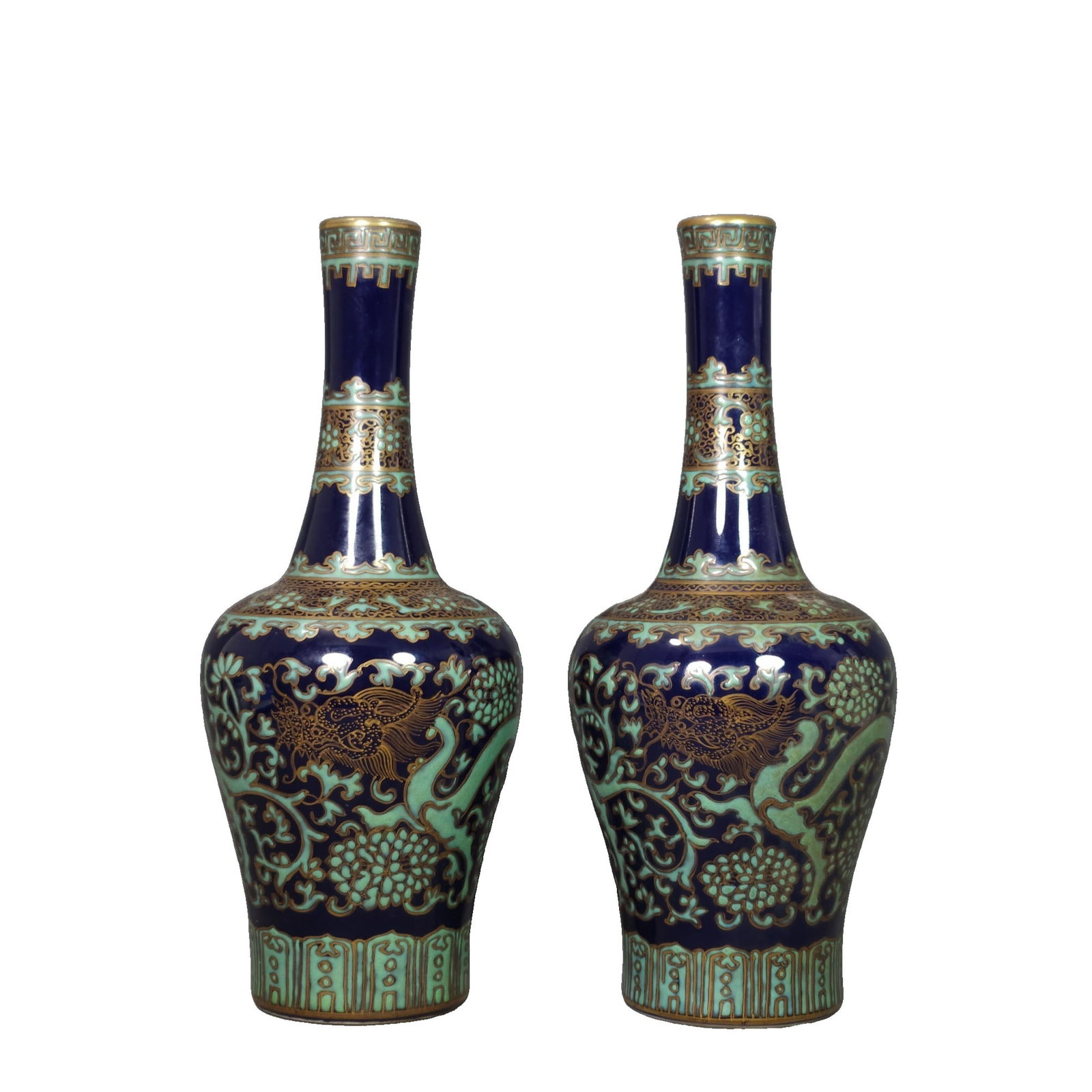 Qing Dynasty Green and Gold Decorated Vases (Pair) (1 of 10)