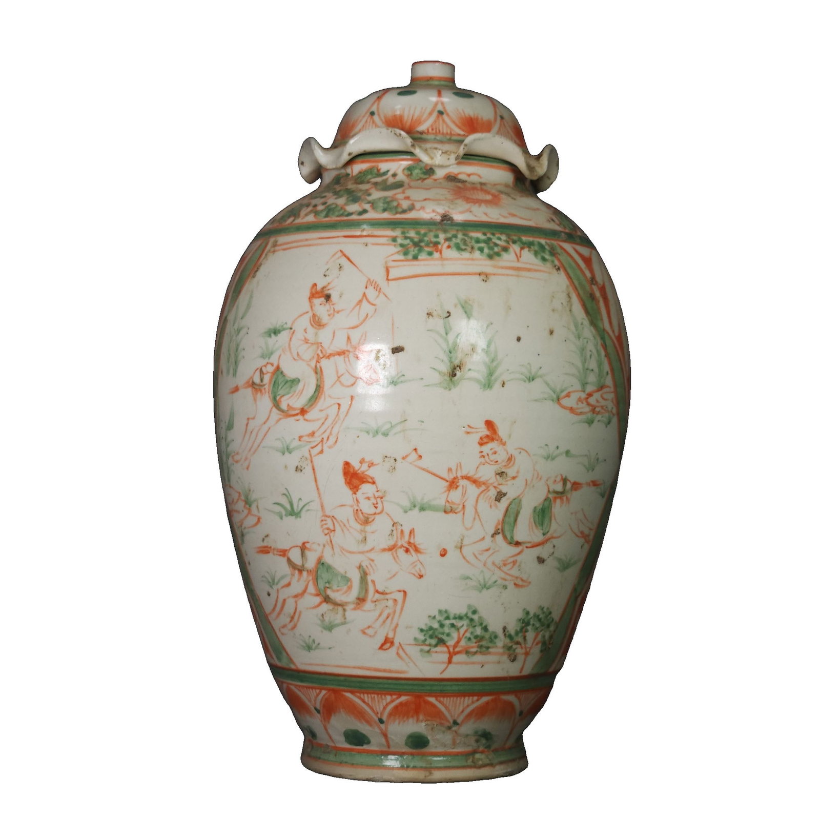 Song Dynasty Cizhou Kiln Red and Green Colorful Figure Lotus Leaf Jar (1 of 10)