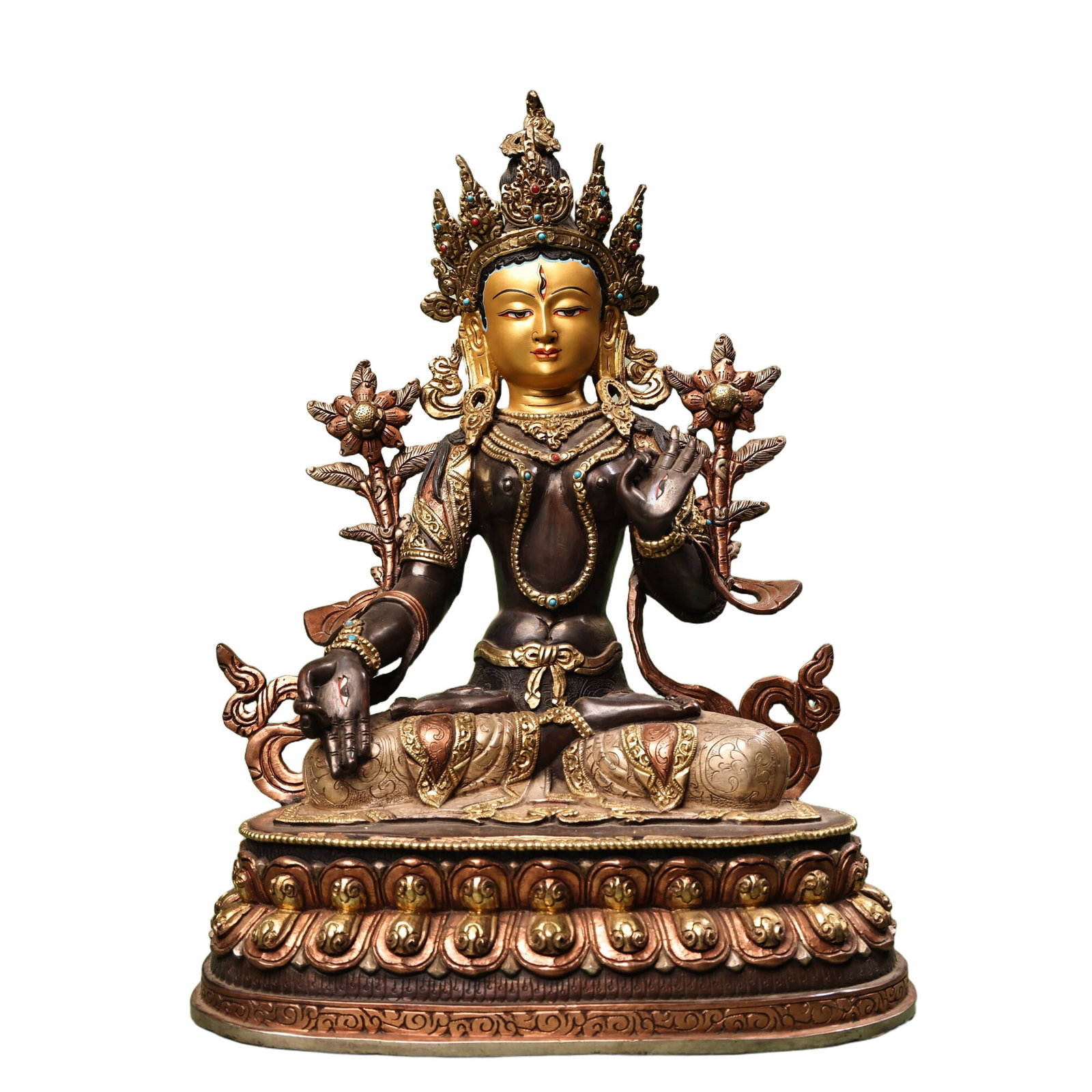 Contemporary Gilded White Tara Statue: This White Tara statue is made of pure copper, showcasing exquisite craftsmanship and beautiful form, reflecting the fine technique of high relief engraving. Its delicate artistry and solemn image