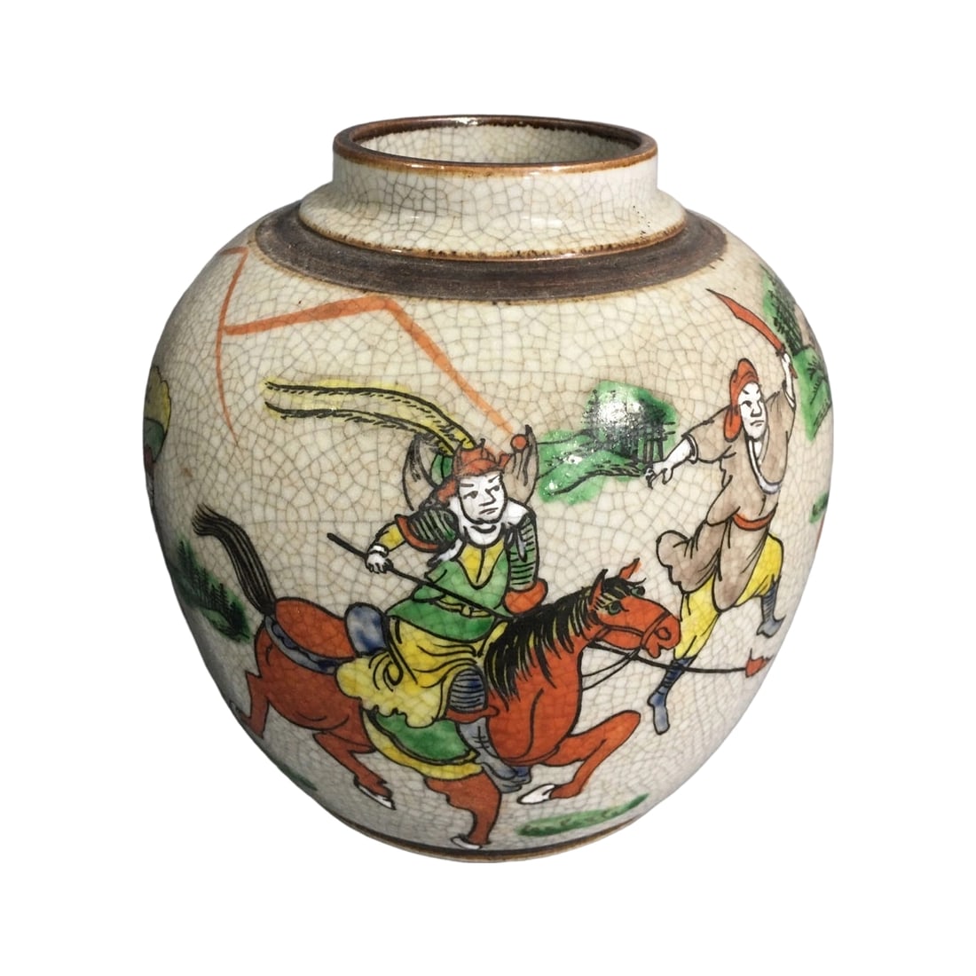Ming Dynasty Wucai Knife Horse Figure Jar: This jar is a Wucai piece from the Ming Chenghua period, featuring a vibrant depiction of knife horse figures. The exquisite craftsmanship and bright colors reflect the unique charm of Ming Dynasty