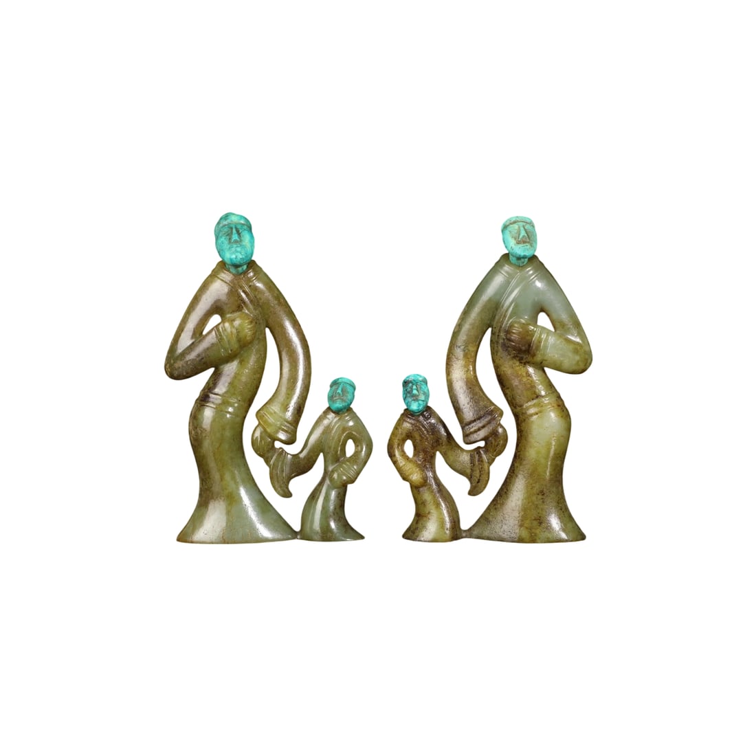 Group of Hetian Jade Inlaid with Turquoise Dancers: Ancient jade embodies the passage of time, with long sleeves dancing in the gentle breeze. The deep-toned Hetian jade is inlaid with turquoise heads, featuring four dancers of varying sizes, symbolizi