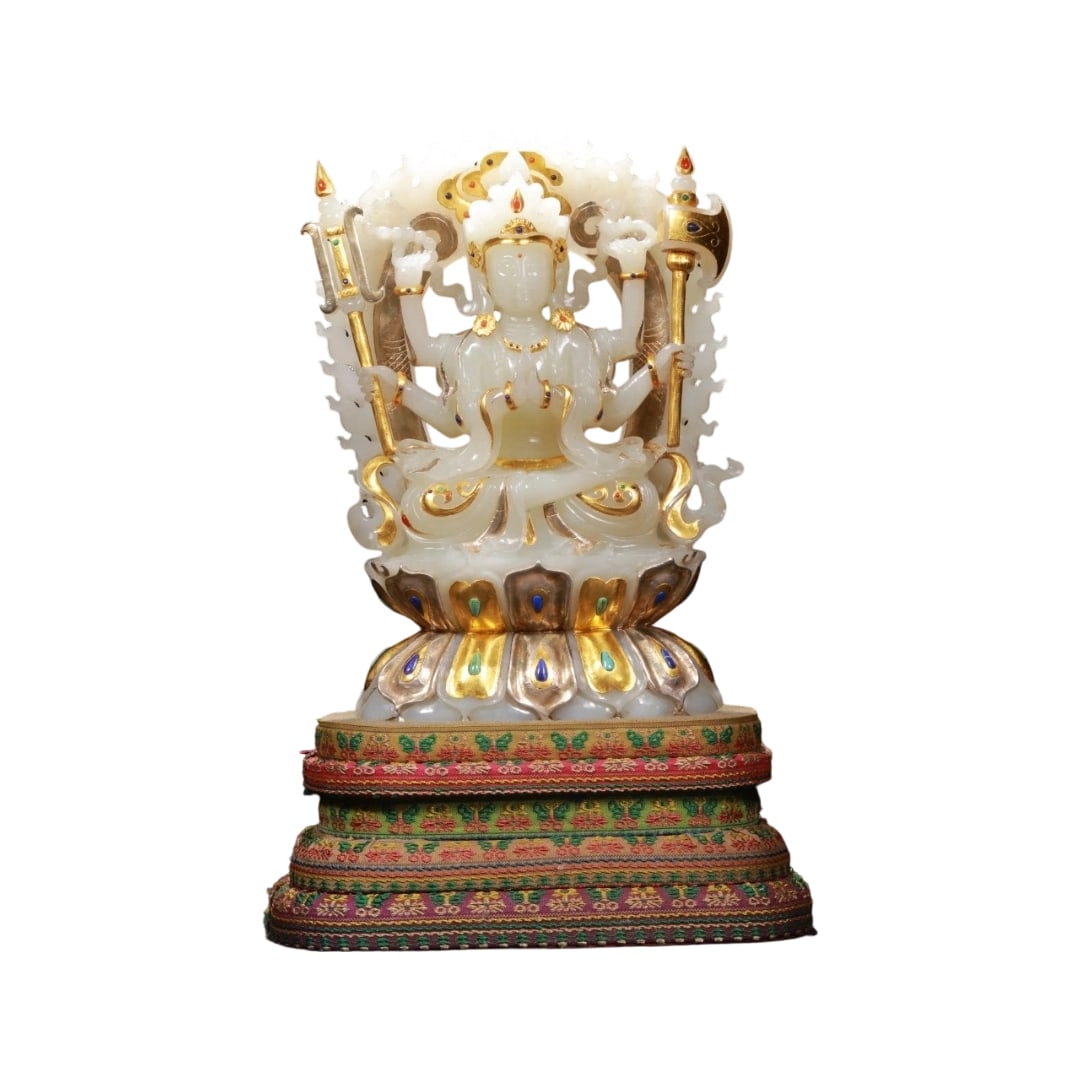 Modern Hetian White Jade Gilt and Gem-Embedded Six-Armed Guanyin Statue (1 of 10)