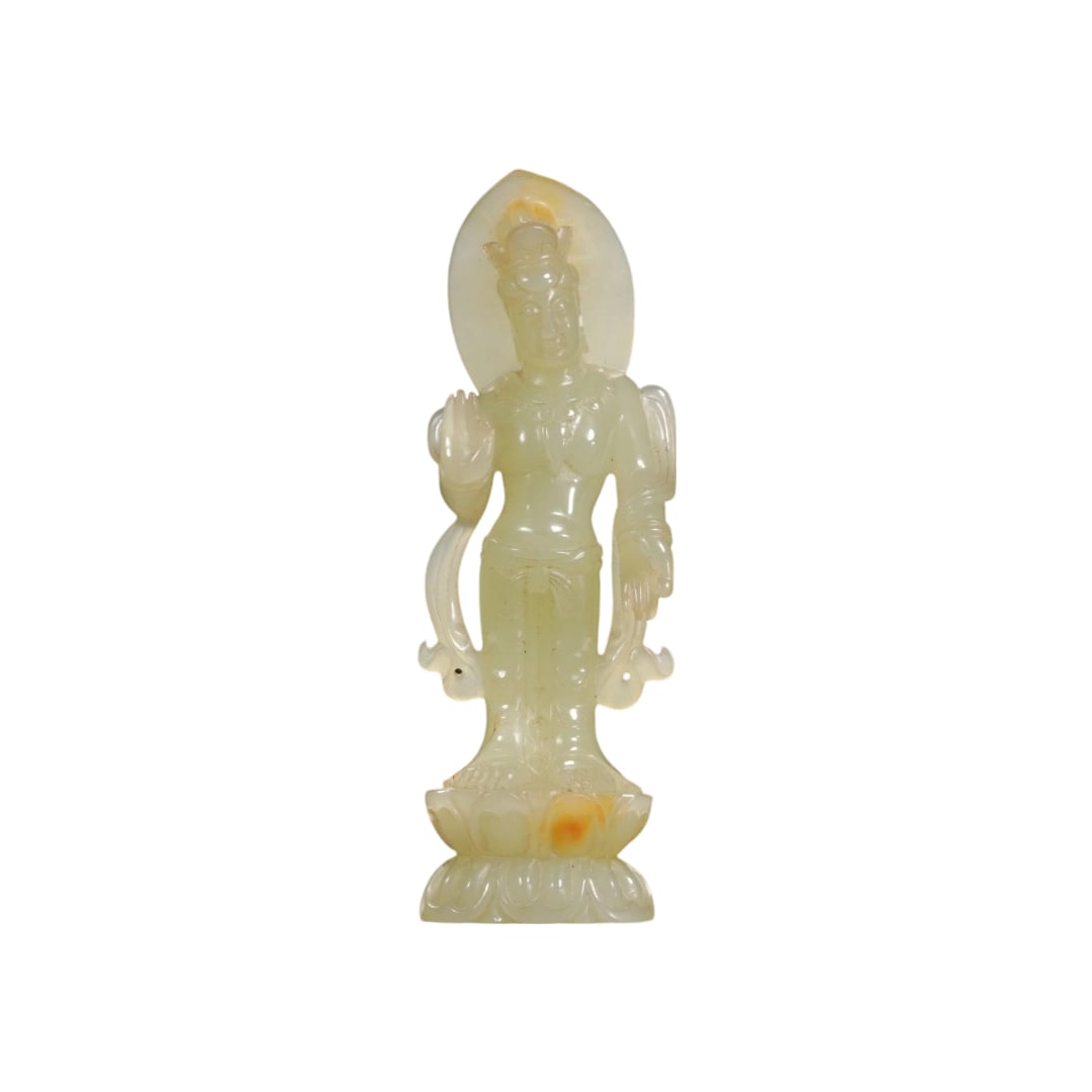 He Tian Jade Standing Guanyin Statue on Lotus Base: This He Tian jade standing Guanyin statue on a lotus base embodies the compassion and protection of Guanyin Bodhisattva. The lotus symbolizes purity and untaintedness, suggesting a peaceful mind and c