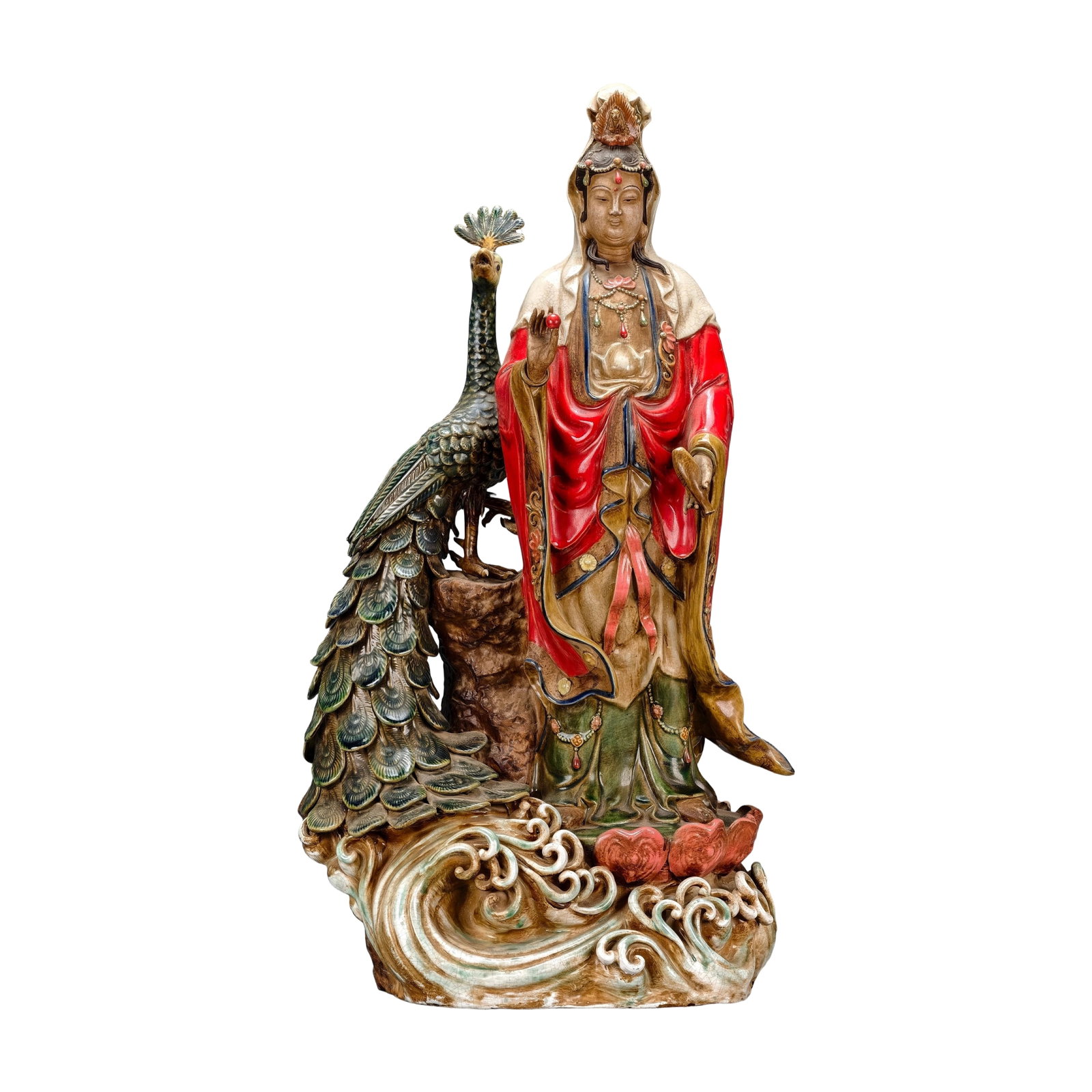 Shiwan Kiln Porcelain Statue of Peacock Guanyin (1 of 9)