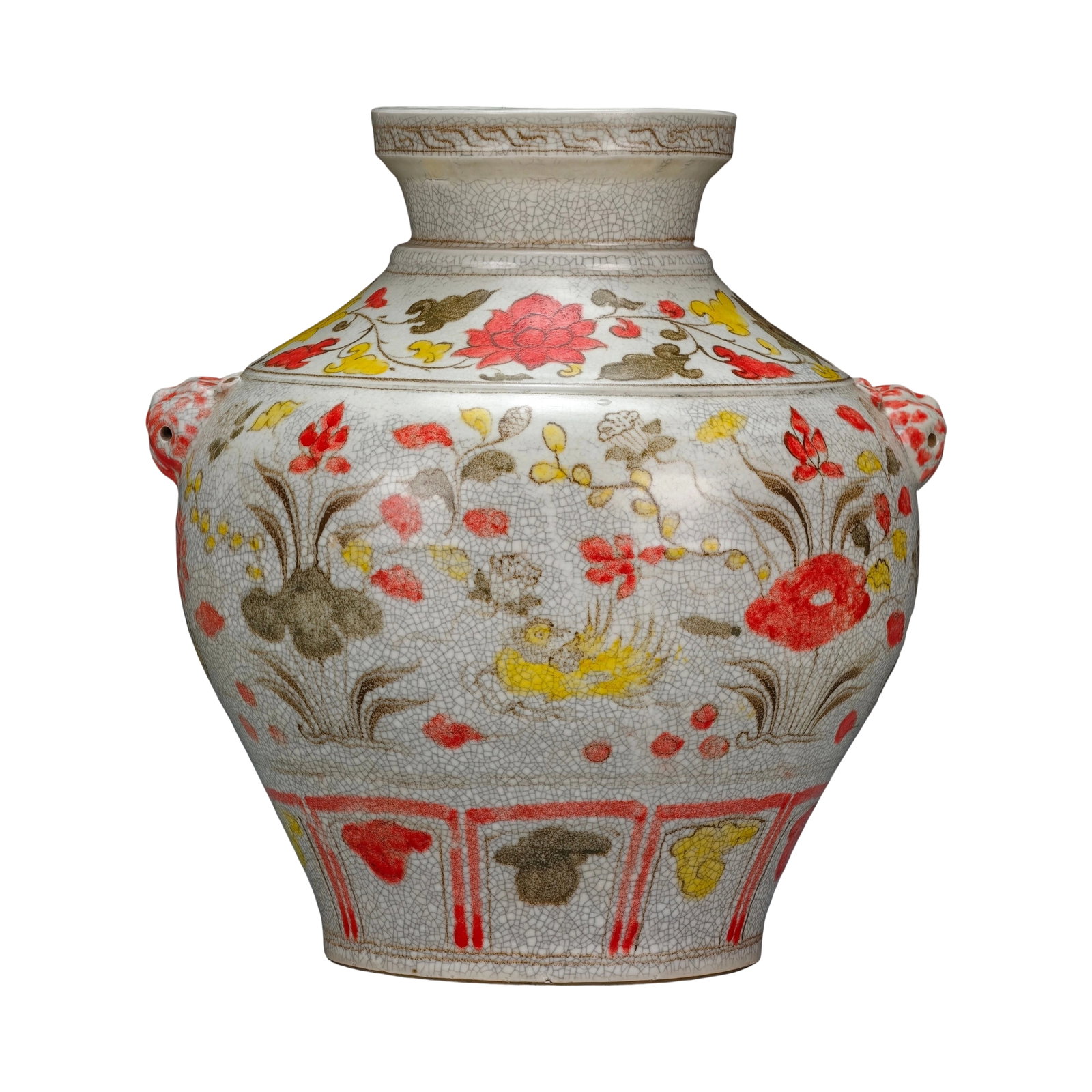 Southern Song Dynasty, Shaoxing Year 16, Blue and White Red and Green Lotus Pond Mandarin Duck: This jar features exquisite craftsmanship with a white glaze base and small cracks, adorned with blue and white red and green lotus pond mandarin duck patterns, symbolizing lasting love and happiness.