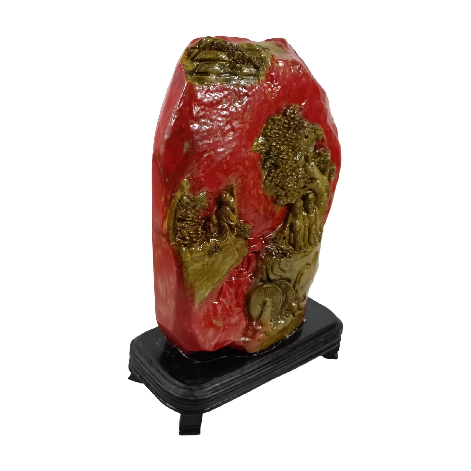 Bloodstone Elder Under Pine Statue: This bloodstone statue of the Elder Under Pine features exquisite carving and vivid form, with complete preservation, showcasing the superb craftsmanship of traditional art.It is 35 cm long, 25 cm wid