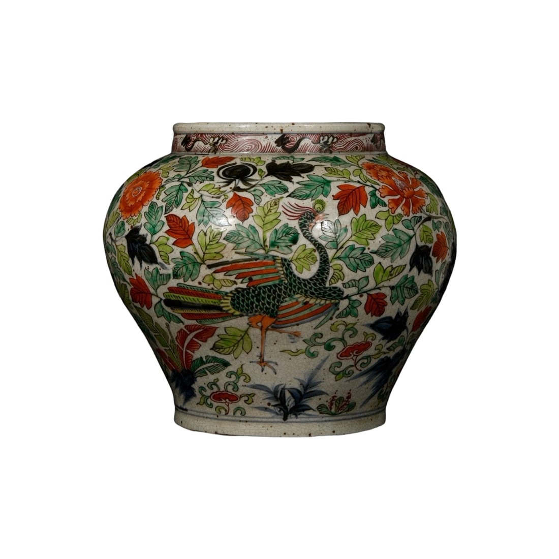 Yuan Dynasty Wucai Openwork Peacock Playing with Peony Jar: This jar features a wucai design of a peacock playing with peonies, showcasing exquisite craftsmanship and vibrant colors that reflect the unique charm of Yuan Dynasty ceramics. The openwork texture c