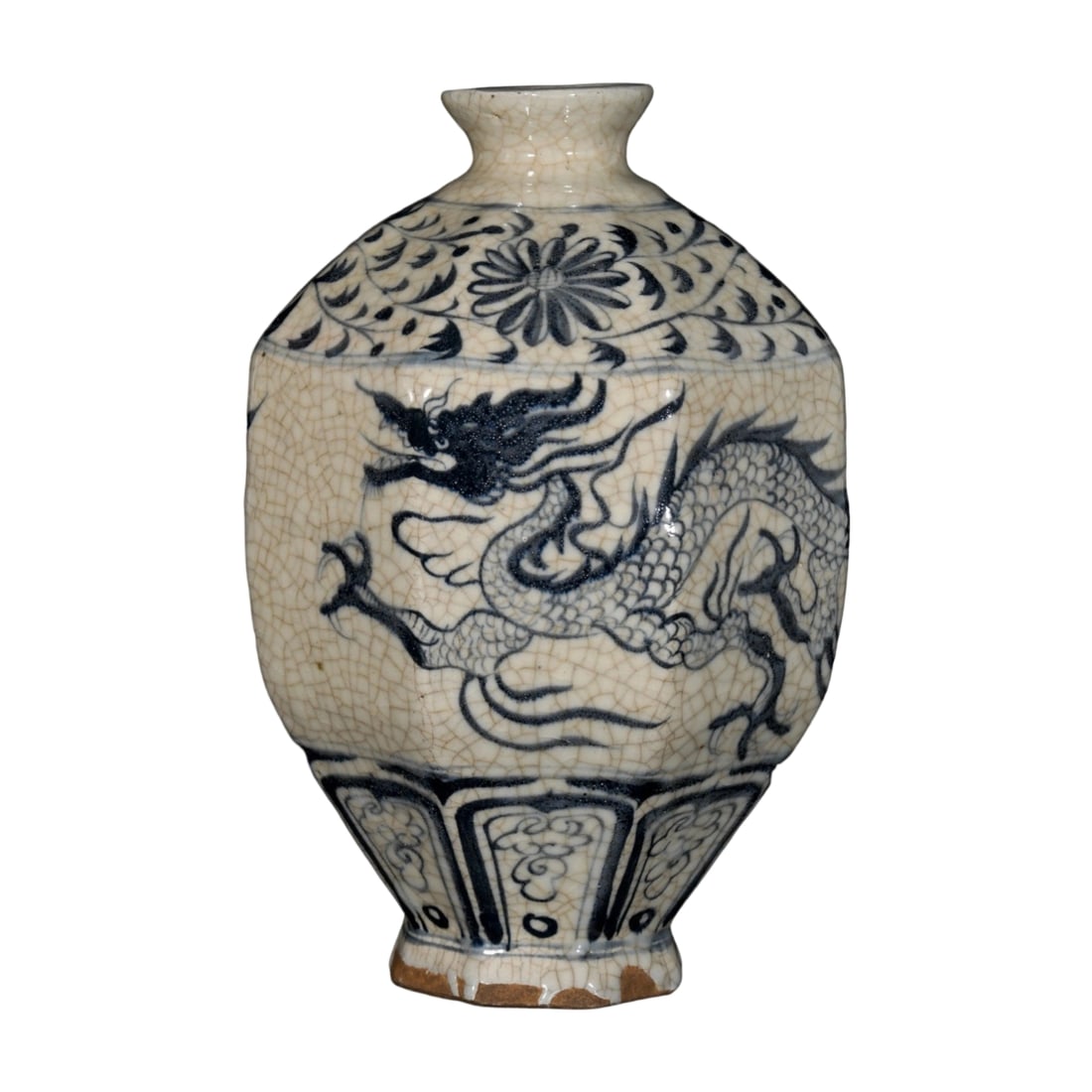 Yuan Dynasty Blue and White Openwork Dragon Pattern Octagonal Meiping: This Yuan Dynasty blue and white openwork dragon pattern octagonal meiping features a unique shape with vivid dragon motifs, showcasing the exquisite craftsmanship and artistic charm of Yuan blue and 