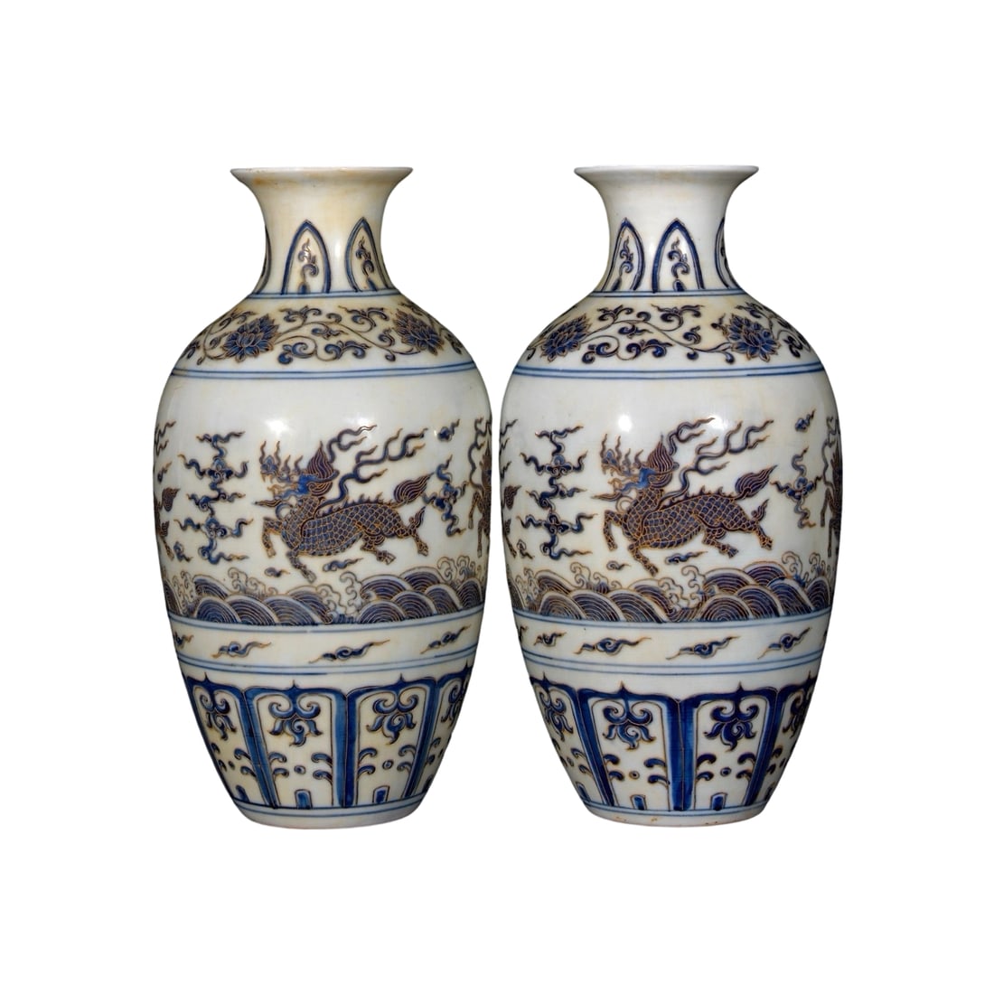 Ming Dynasty Blue and White Carved Gold Thread Qilin Pattern Vases (Pair) (1 of 10)