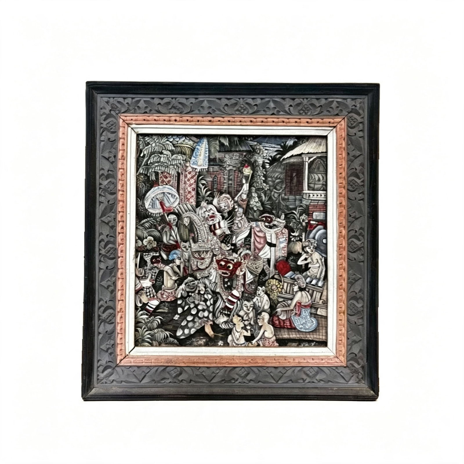 Framed Painting of Balinese Barong Dance Artwork: Painting of Balinese Barong Dance, Framed Artwork This is an exquisite painting depicting the traditional Balinese Barong dance, mounted in a heavy wooden frame with carved decorations. The dimensions