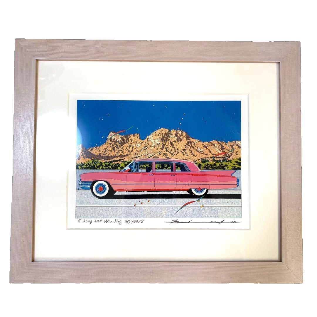 Suzuki Eijin framed art poster.: Suzuki Eijin Poster with Frame Artwork This is a modern art piece depicting a classic pink car. The frame is made of wood, measuring approximately 40cm x 30cm. The frame has damage and has never been 