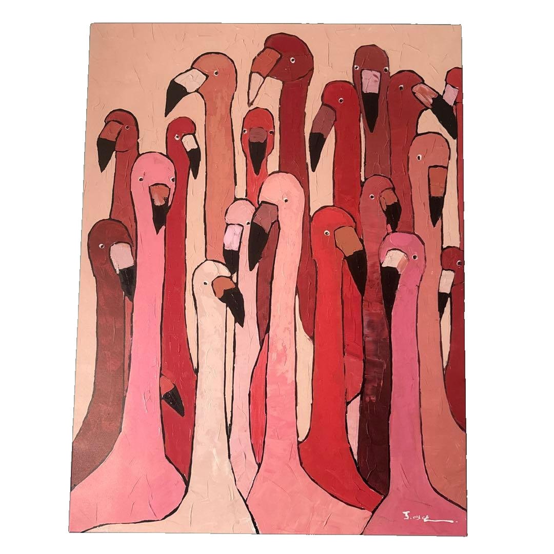 Hand-painted Artwork: "Flamingo Conference": Flamingo Meeting Hand-Painted Artwork This is a discontinued large-scale flamingo art piece. There are signs of use. Stains are present on the reverse side. This is an art piece designed like a bouque