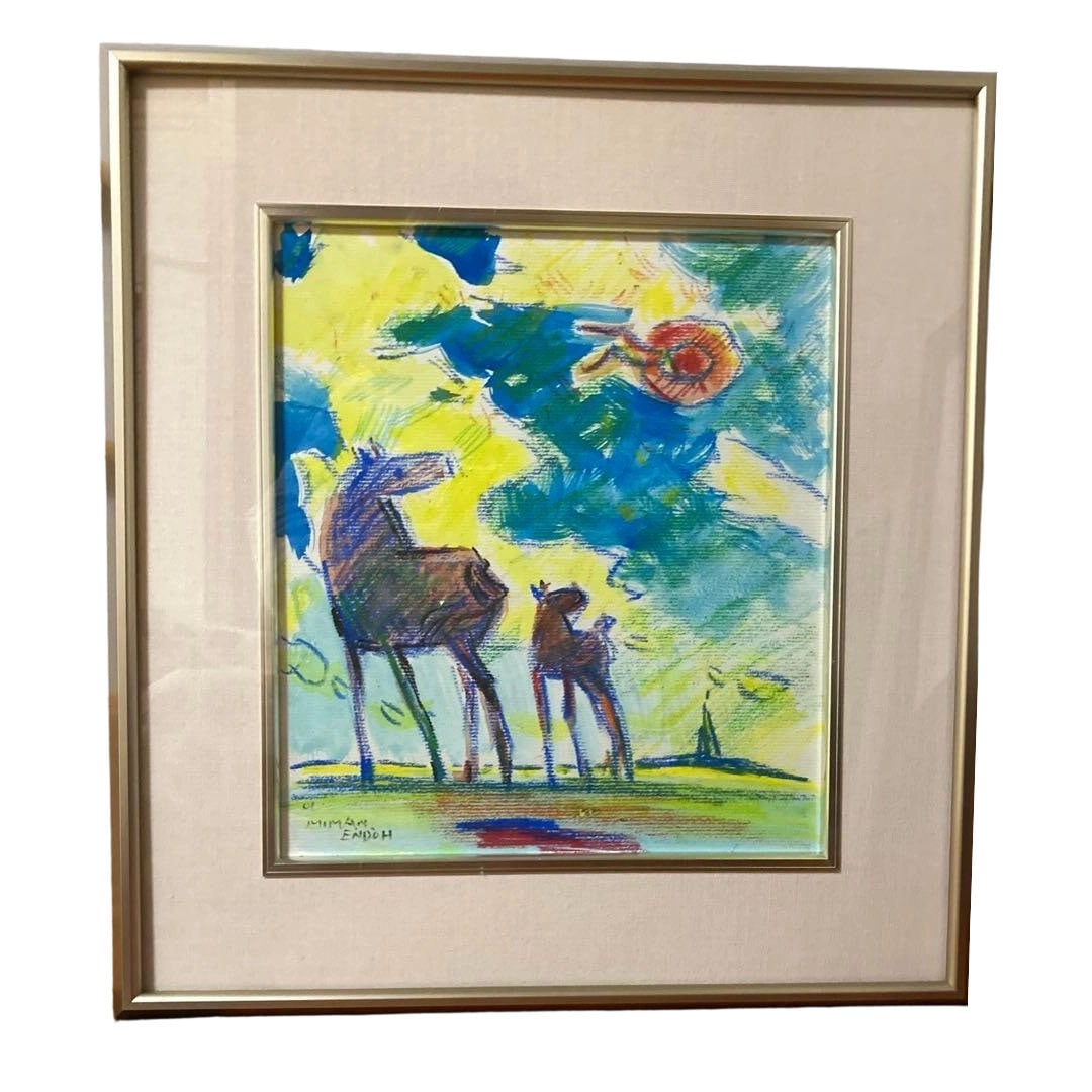 A painting of a horse by Endo Miman, "Red Hat," Hokkaido, one work.: A painting of a horse by Endo Miman, titled "Red Hat, Hokkaido," a single work. Created in 2001 by Endo Miman. Painting dimensions: 26.5x23cm. Frame dimensions: Height 41cm x Width 37.5cm x Depth 2.0c
