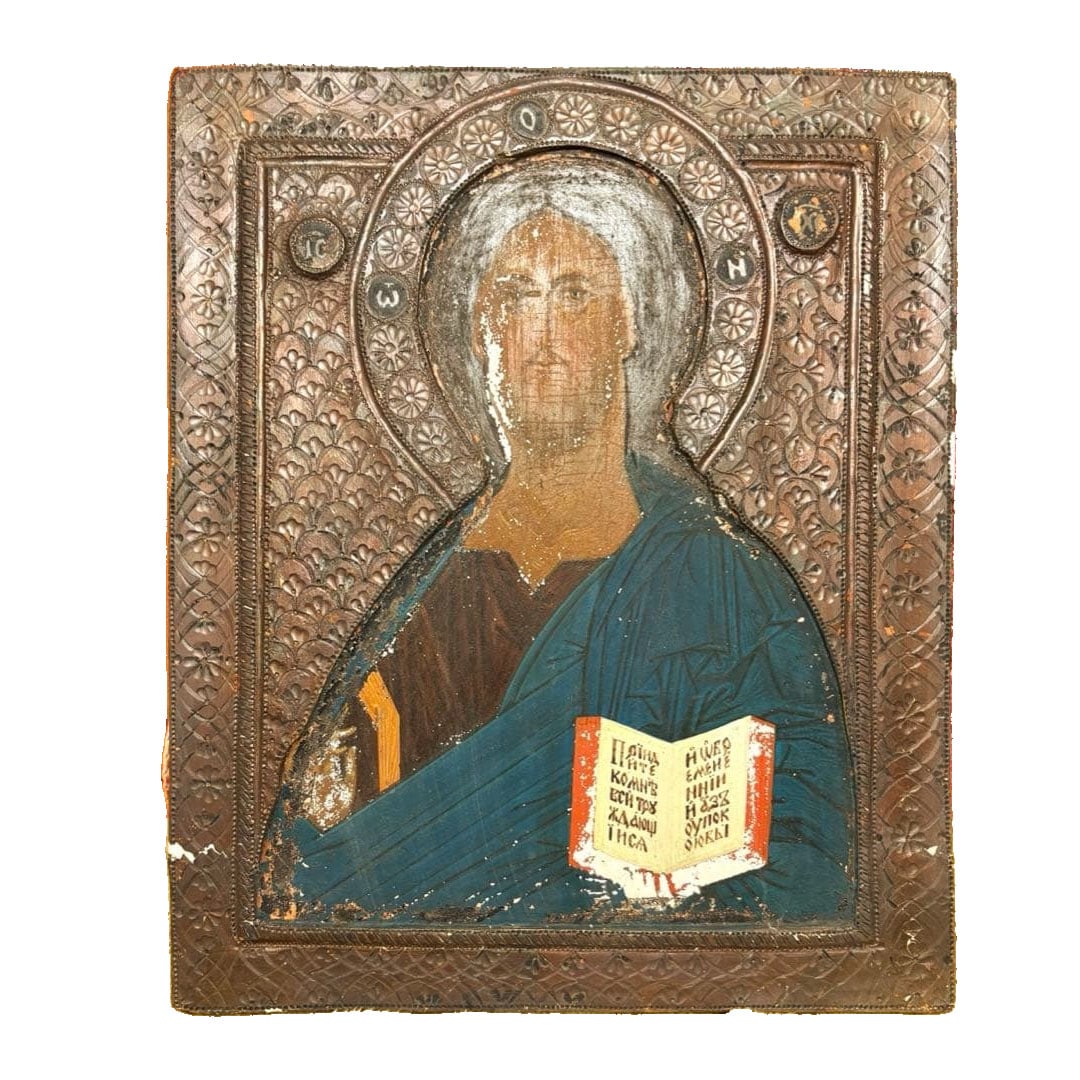 Antique Religious Painting: Icon of Christ Pantocrator (1 of 8)