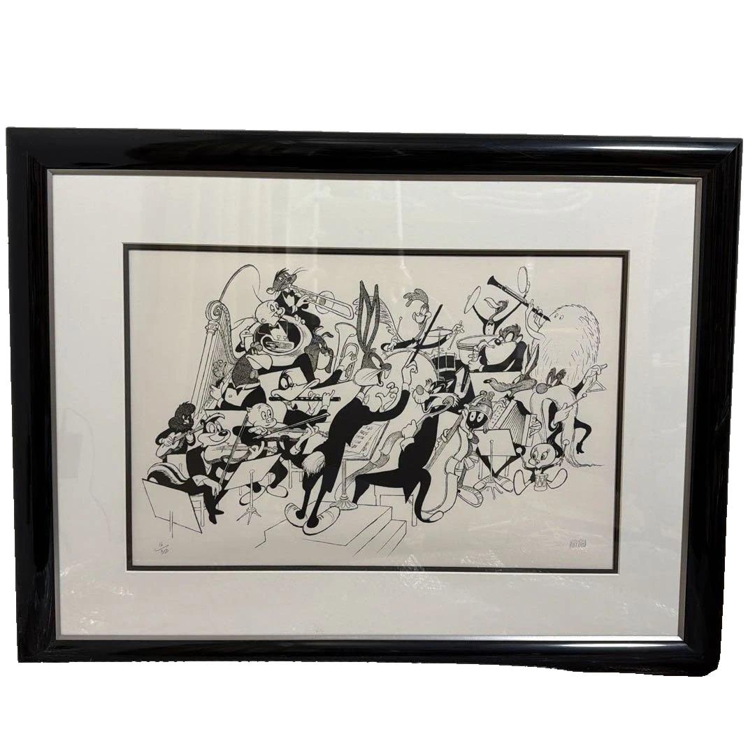 Al Hirschfeld lithograph 16/350: Limited edition lithograph "Orchestra Pit" by Al Hirschfeld, numbered 16/350, accompanied by a certificate of authenticity from Warner Bros. Archivally framed. There are some minor stains on the back 