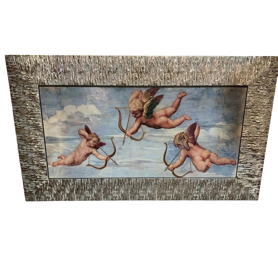 Decorative Painting, Made in Italy, ID-628: Decorative Painting Made in Italy ID-628 This is an art frame depicting a scene of Cupids from Raphael's masterpiece "The Triumph of Galatea." The frame is decorated in silver tones. Dimensions: