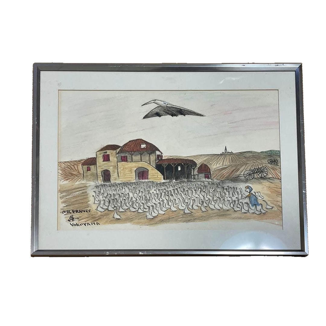 Cultural Merit Award Recipient Yokoyama Ryuichi Painting Mounted Work Fuku-chan Carrying a Ghost: This is a work created by the esteemed cultural contributor Mr. Yokoyama Ryuichi, themed on AIR FRANCE. Yokoyama Ryuichi is the author of "Fuku-chan" and "Seoi Yurei" ("Carrying a Ghost"). The