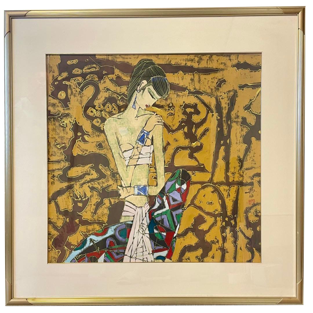Direct Brushwork of a Woman by Kakukai, Framed: Direct Brushwork Female Portrait by Tsuruumi A direct brush watercolor painting by the artist Tsuruumi. Technique: Painting. Frame color: Gold. Theme: Female Portrait. Overall frame dimensions: Height