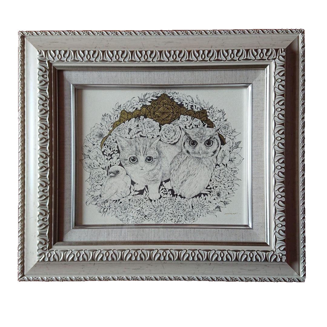 Maoo Maya Sawatari original drawing, hand-painted, signed.: This is a hand-drawn original artwork titled "maoo," created in February 2018. The dimensions are 273mm x 220mm, using canvas and pen. The frame dimensions are 430mm x 377mm x 48mm. There are