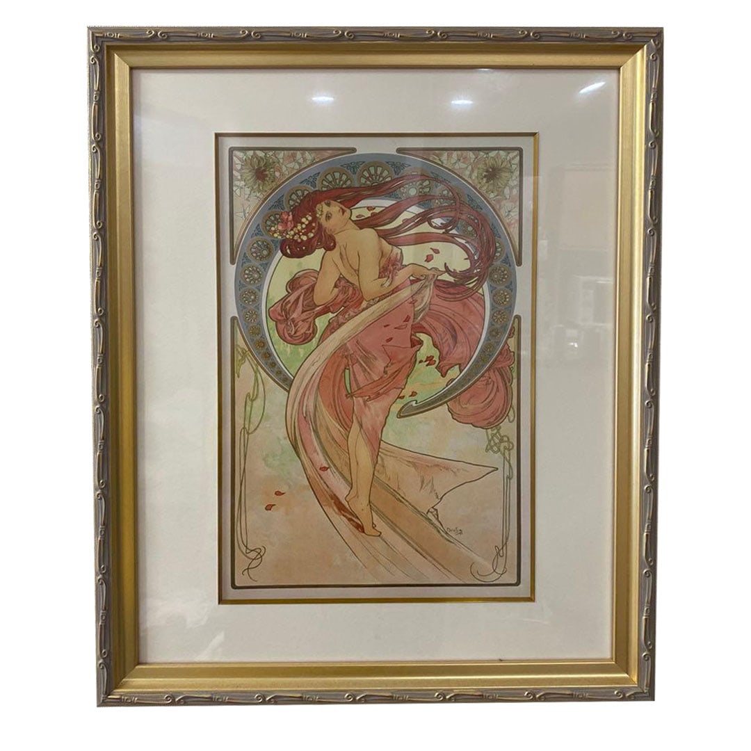 Lithograph: Dance: Lithograph Dance A lithograph by Alphonse Mucha, set in a gilded frame. The work features a female figure and is signed "Mucha." Alphonse Mucha's "La Danse" is one of the decorative panels from the se