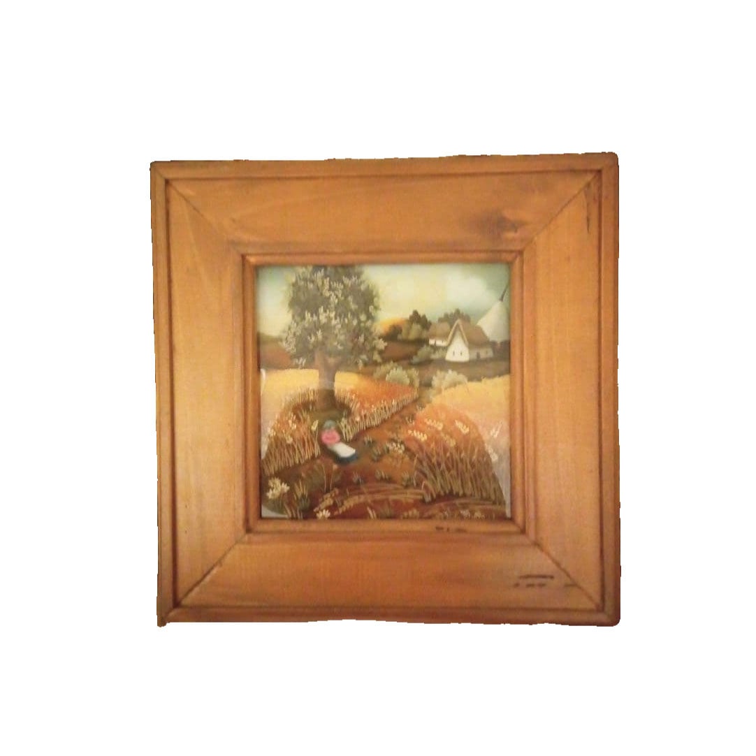Landscape painting, glass painting, wooden frame, certificate.: Landscape Painting, Glass Painting, Wooden Frame, Certificate This is a landscape painting depicting a pastoral scene in bright tones, accompanied by a wooden frame and a certificate. The work is a gl