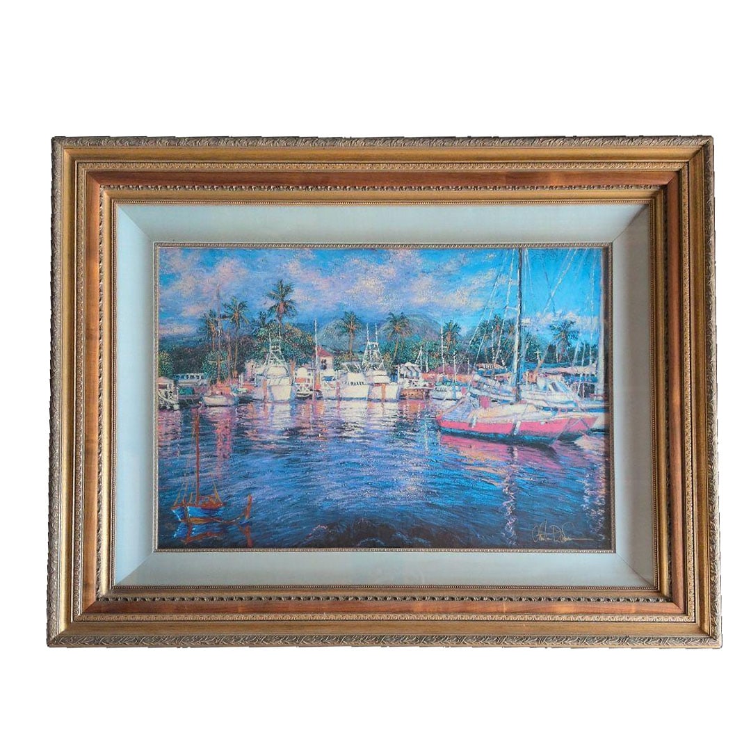 Woodblock Print 100R94: Print 100R94 Larsen print of Lahaina Harbor, edition 94 of a limited edition of 100, with Larsen's gold signature in the lower right corner, and a gallery label from JuniPer on the reverse. Frame dime
