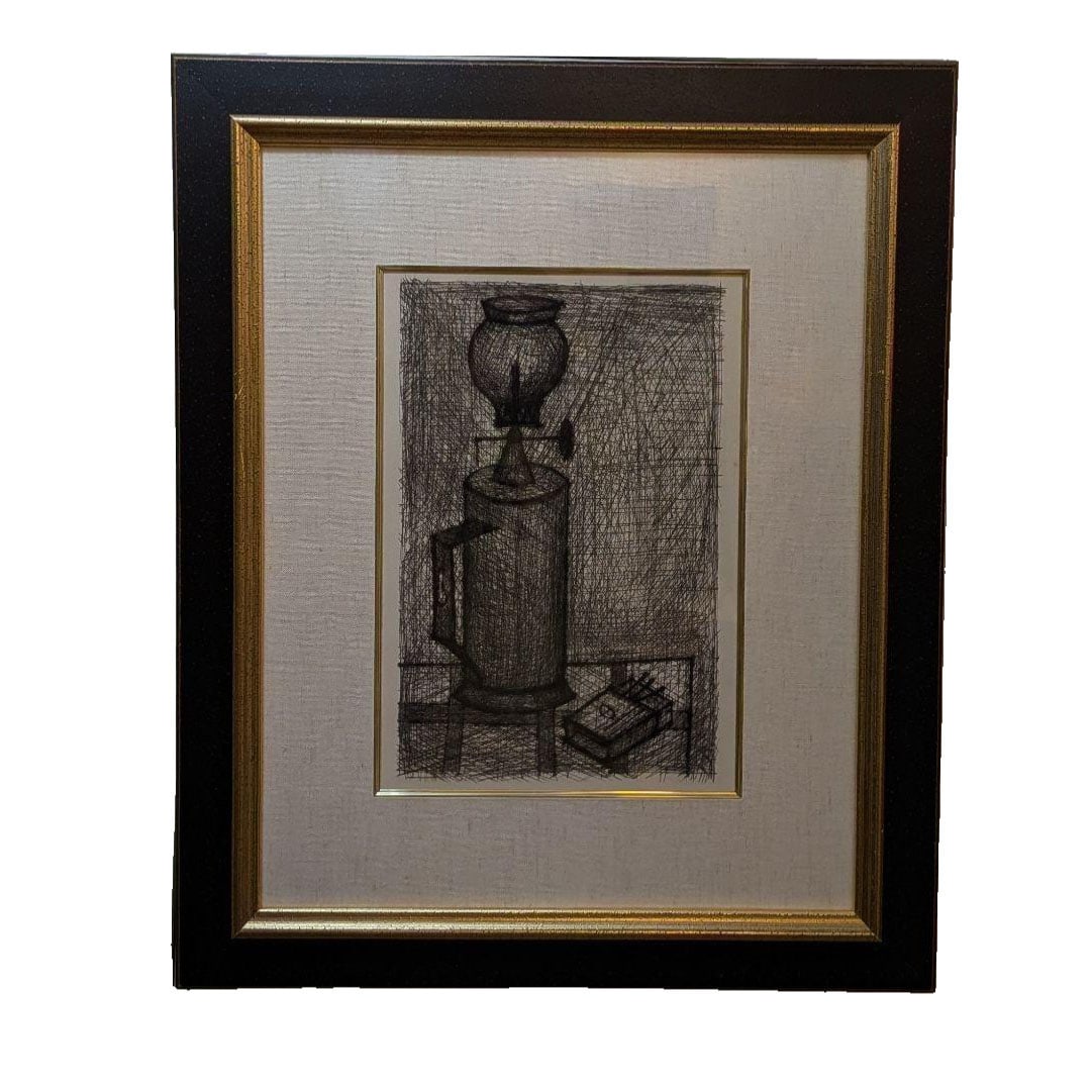 Bernard Buffet Copperplate Print: Bernard Buffet Copperplate Engraving "Pursuit of Purity" 1953, authored by Jean Giono. R-248 "Lamp and Matchstick" Mounted. Frame dimensions: 47x57cm, image dimensions: 23x32cm, with cloth matting and