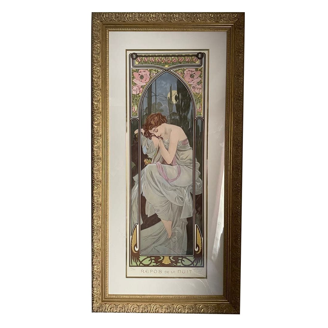 Alphonse Mucha, "The Quiet of Night", painting, print, silkscreen.: Mucha, "The Quiet of Night," Painting, Print, Silkscreen Alphonse Mucha, 99 cm x 50 cm, with frame. The acrylic surface has some dust. Freight: 1.International Freight: Foreign shipping charges are de