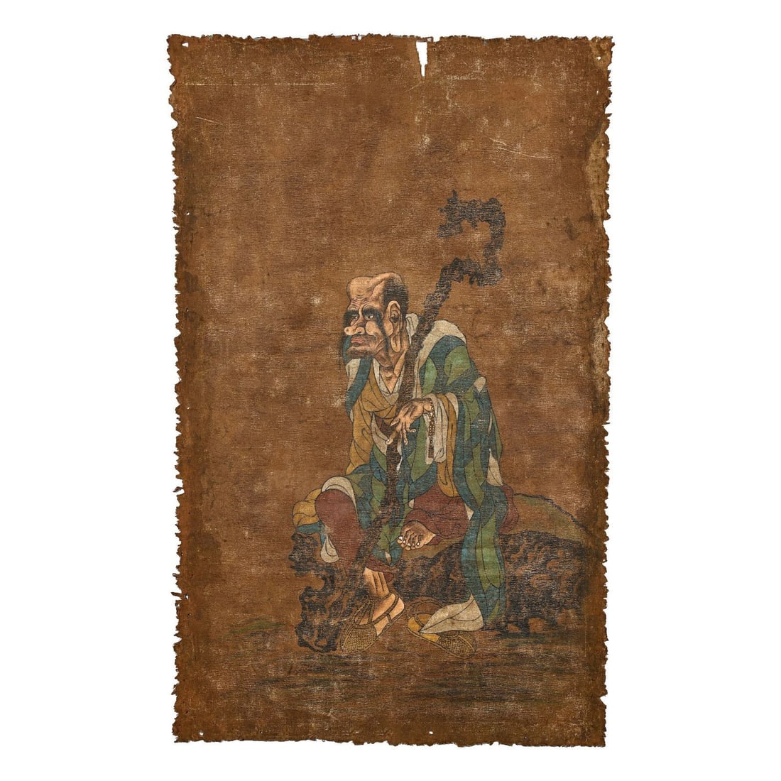 Chinese Antique Art: "Luohan Holding a Staff" Image, "Luohan" Painting, Color on Silk, Buddhist (1 of 9)