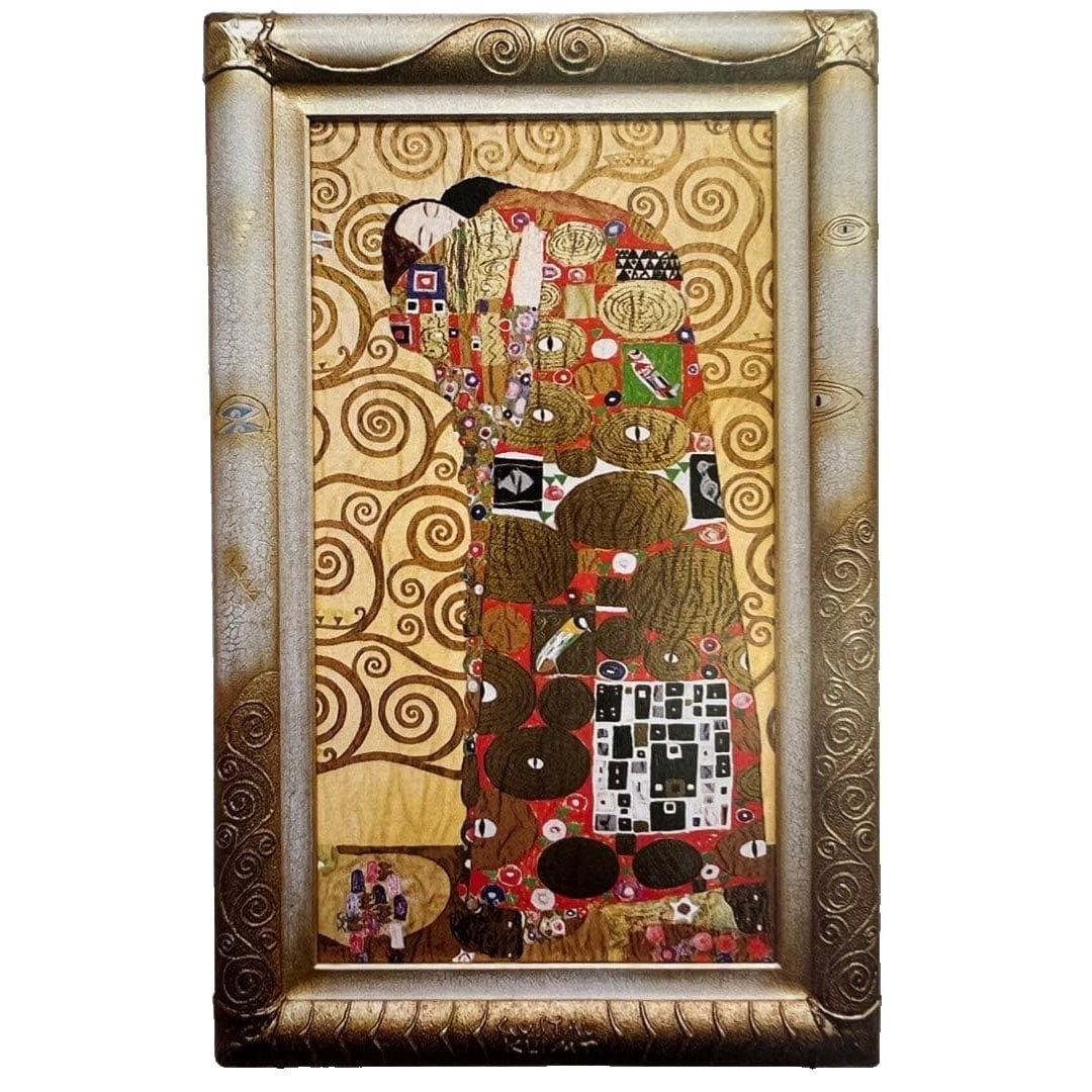 Klimt print.: Klimt Print The outer frame dimensions are approximately 738x472 millimeters. The surface is protected by UV-resistant acrylic. Accessories include a black bag, box, fittings, and rope. Freight:
