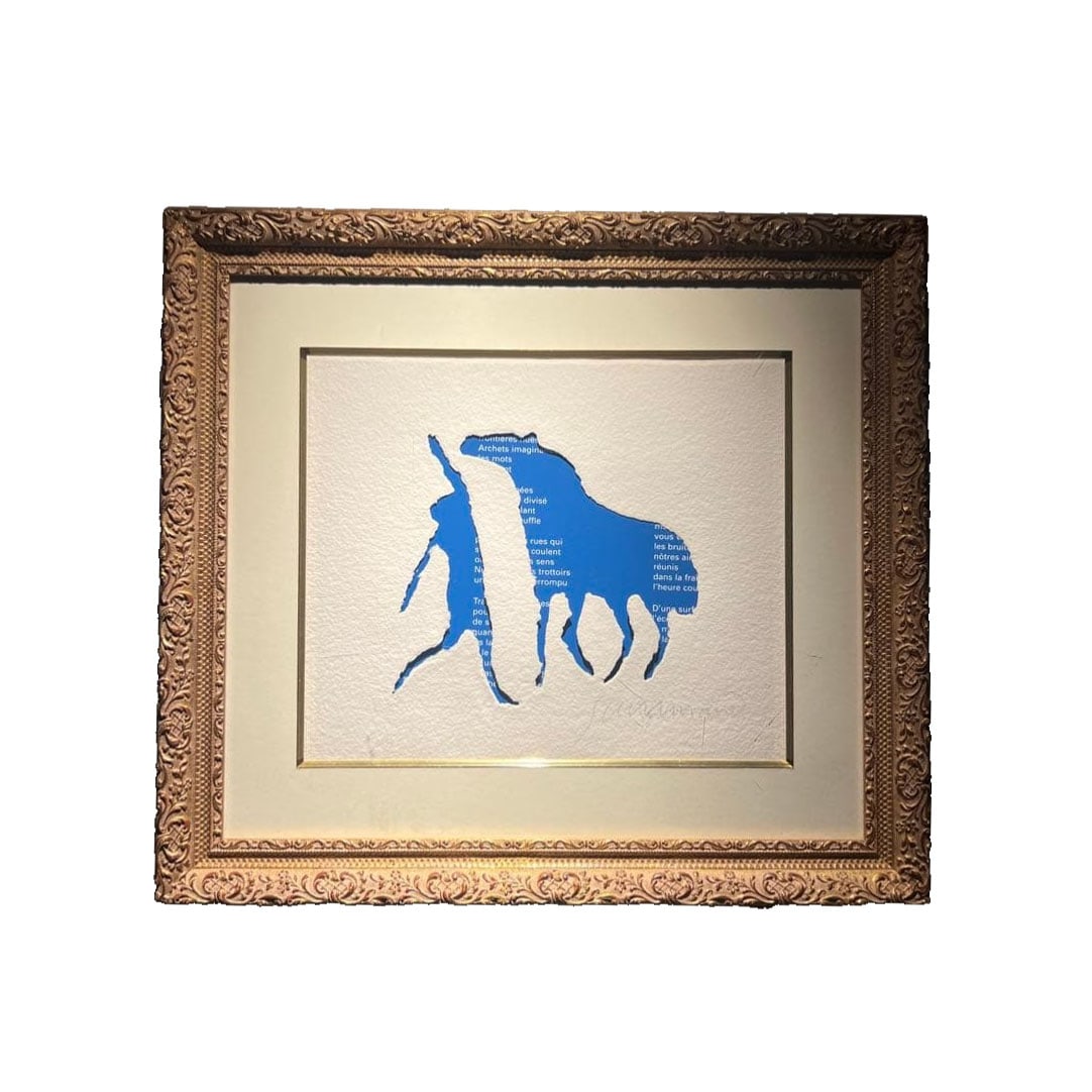 Paul Guiramand: This is a collage work that showcases Paul Guiramand's unique use of color. The piece is framed in a double-layered collage, with a background of blue-dyed English text, depicting silhouettes of figur
