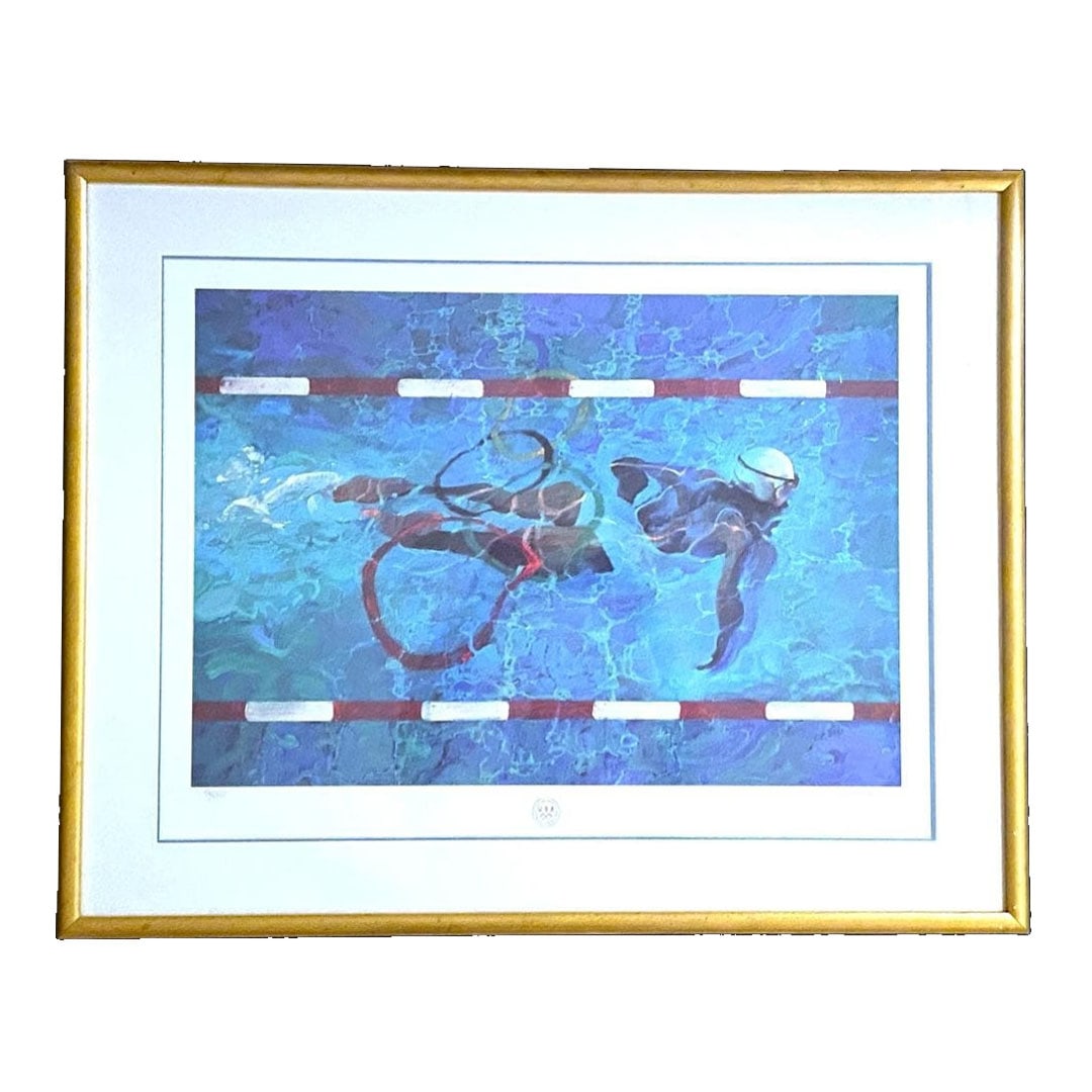 Robert Heindel, "Olympic Swimmer," lithograph, framed.: Robert Heindel was born in Toledo, Ohio, in 1938 and passed away in 2005 at the age of 66. A self-taught painter, he was inspired by the performances of the Royal Ballet in the 1960s and began