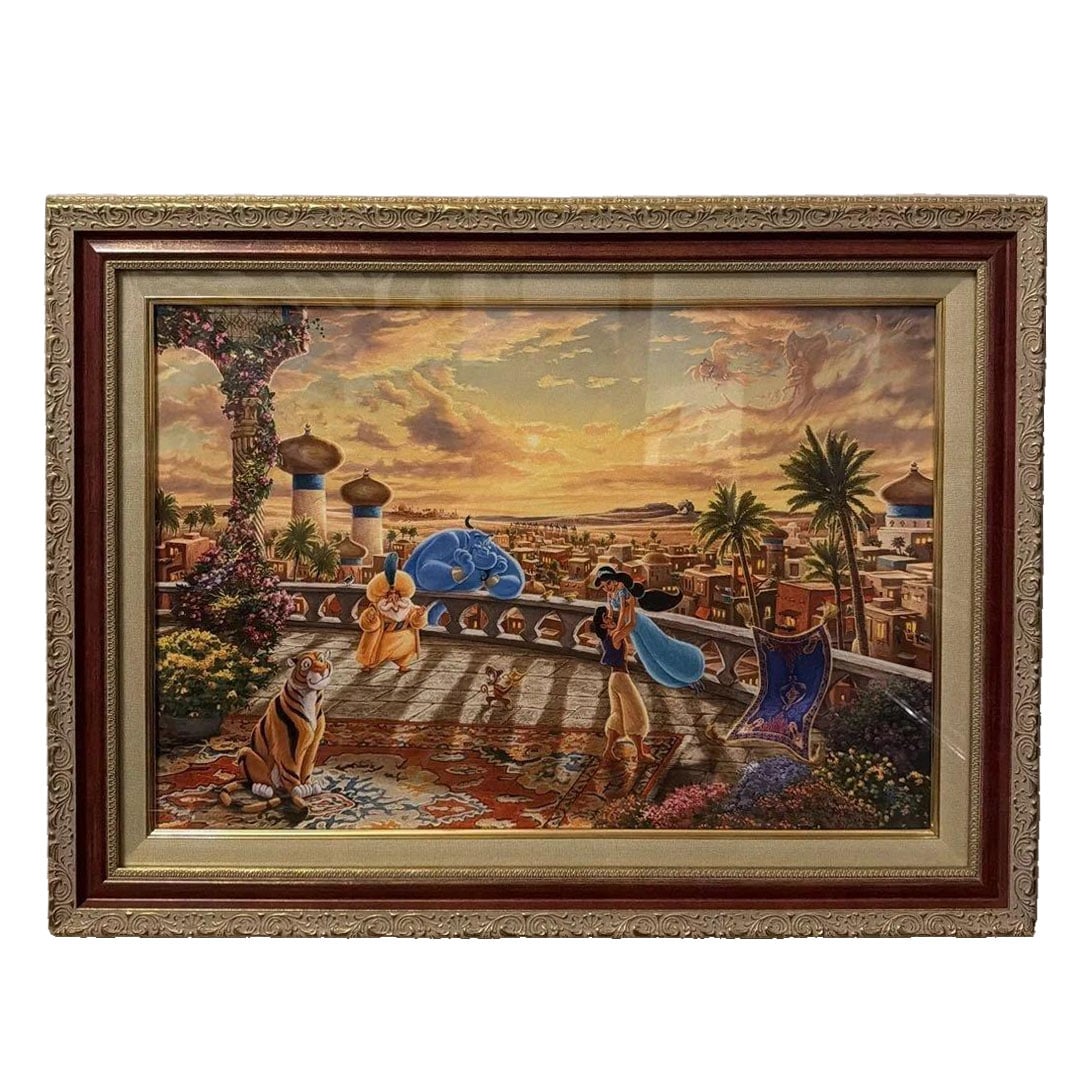 Disney artwork by Thomas Kinkade.: This is a decorative painting depicting the main characters from the Disney movie Aladdin, complete with a decorative frame. The theme of the work is Disney's Aladdin, featuring characters such as Ala