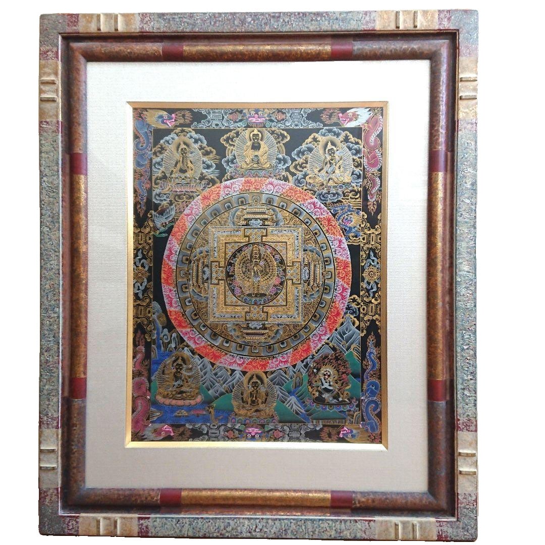 Mandala art, mounting, Buddhist art.: Mandala Art Mounting Buddhist Art This mandala was purchased approximately 15 years ago. The frame measures approximately 74x61.5 cm, with the mandala painting portion measuring about 48x35 cm. The cr
