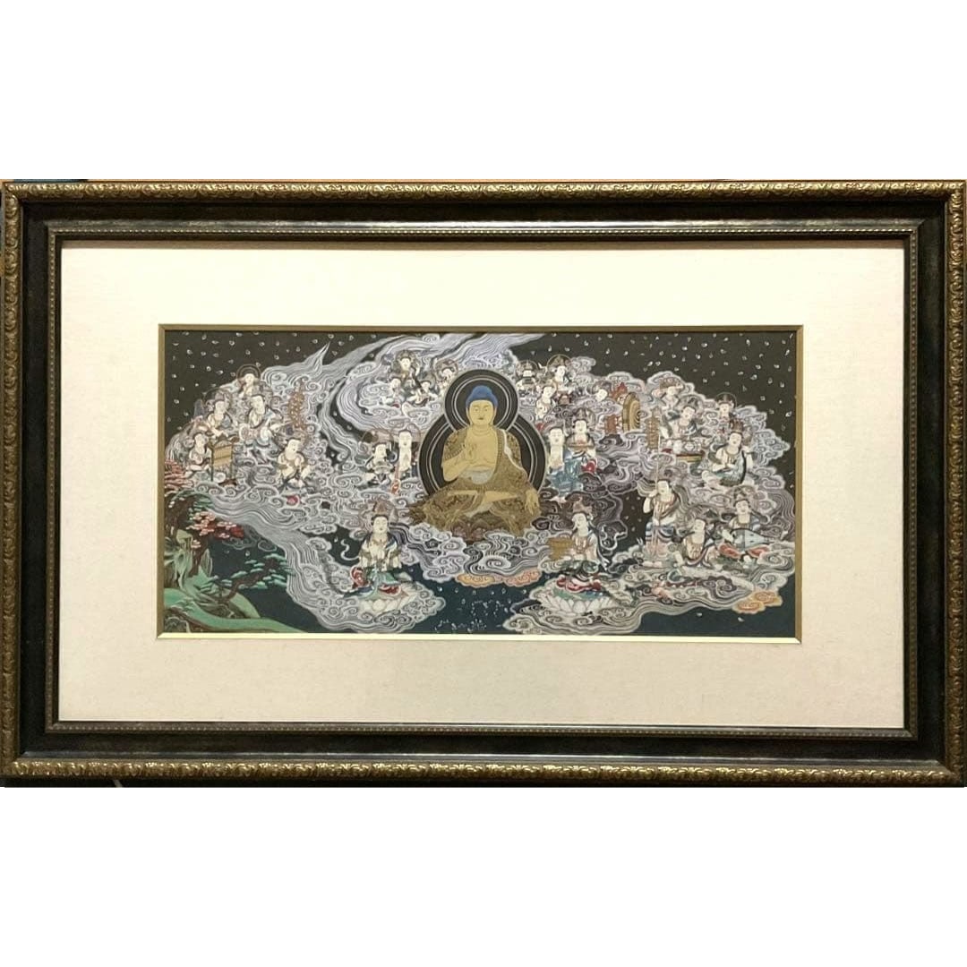 Amitabha Raigo-zu, Hand-painted Buddhist Painting, Niku-bitsu, Painting: Amitabha Raigo-zu Hand-painted Buddhist Painting This artwork was purchased in Nepal in 2003 and was mounted in Japan. There are small stains on the frame due to the passage of time. The cardboard box