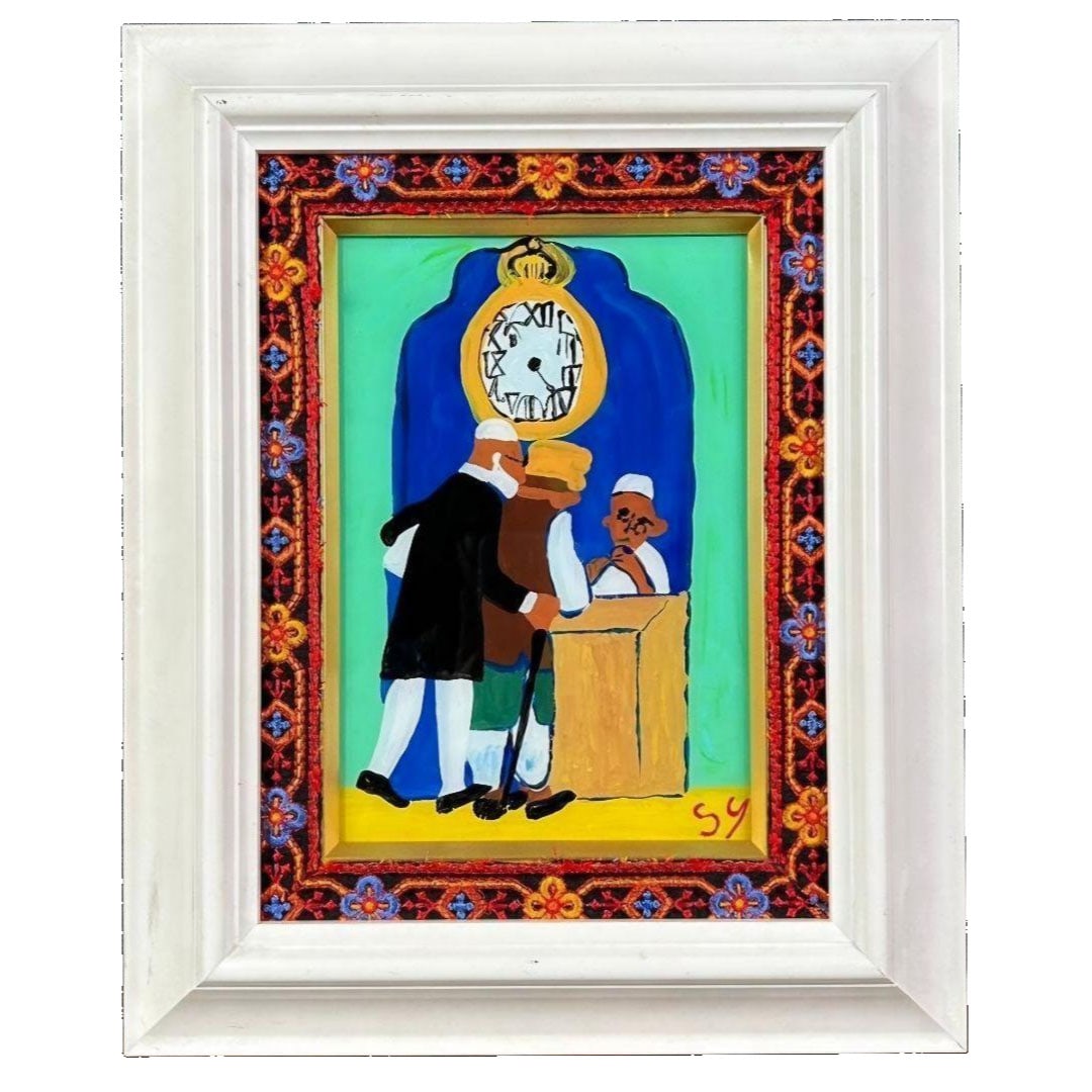 Yunoki Samir, "Arabian Clockmaker," Glass Painting, Hand-painted, Autographed, Accompanied by: Title: The Arab Clockmaker Artist: Yunoki Samirou Technique: Glass Painting (Hand-Painted) Unique Piece The glass painting is signed in the lower right corner. The back of the frame includes a shared 