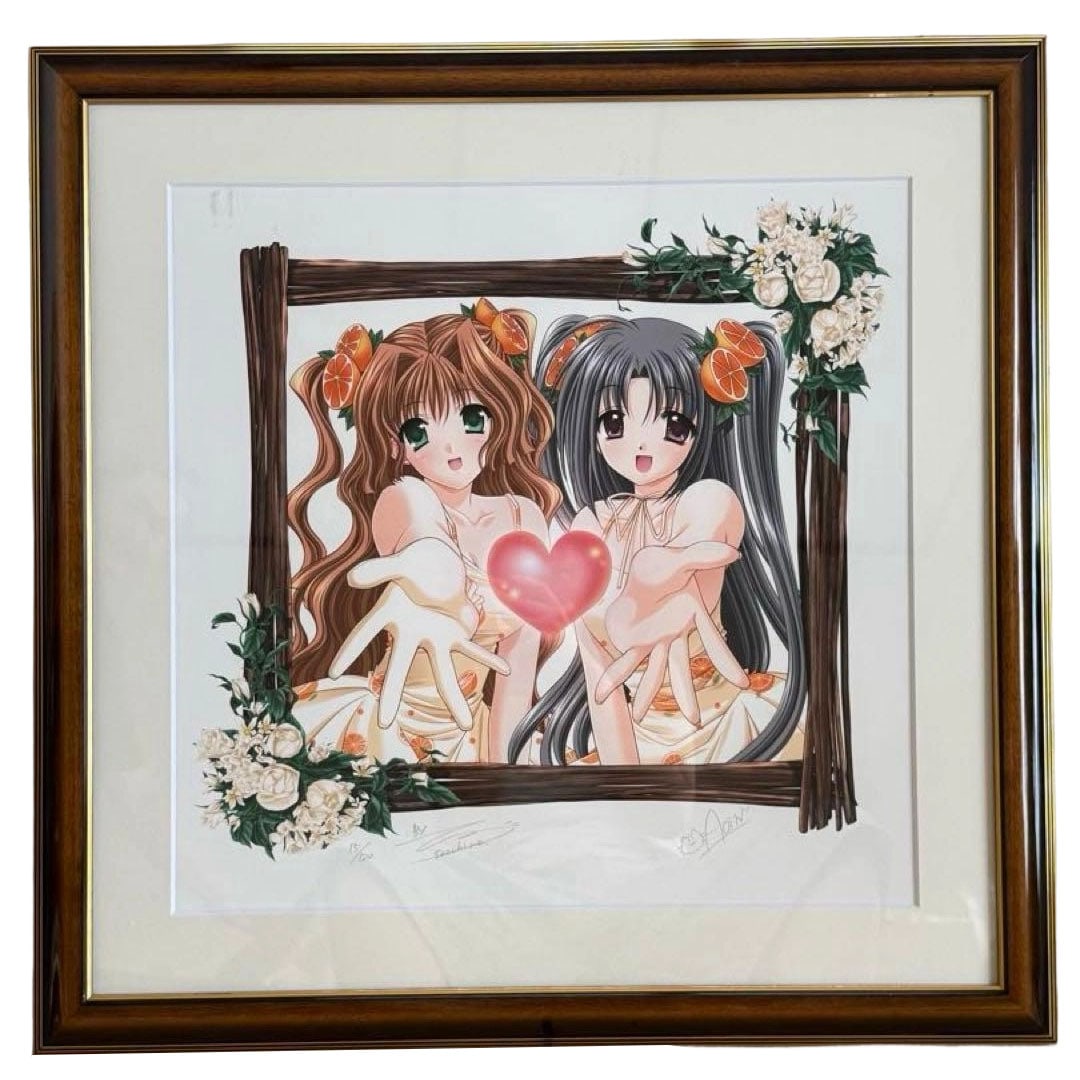 Certificate of Authenticity Included: Aoi Nishimata "NAVEL GIRL'S" Mixed Media Print Artwork: Accompanied by a Certificate of Authenticity Mixed Media Print Artwork "NAVEL GIRL'S" is a mixed media print artwork created by Nishimata Aoi. The image depicts two girls wearing fruit-themed hair