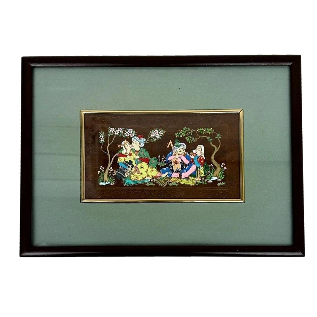 Bahodir Jalolov, Uzbekistan, "Lovers," tempera painting.: Bakhodir Jalaov, Uzbekistan, Lovers, Tempera Frame dimensions: approximately 26.7 cm in height, 36.8 cm in width. Artwork dimensions: approximately 11.5 cm in height, 20.5 cm in width. Artist name: