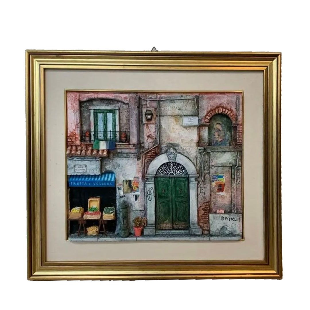 Italian painting, street scene, three-dimensional painting, gilt frame.: Italian Painting: Street Scene Diorama with Gilt Frame This is a diorama depicting a street scene from Trastevere, Rome, Italy, presented in a miniature model style. It is accompanied by a gilt