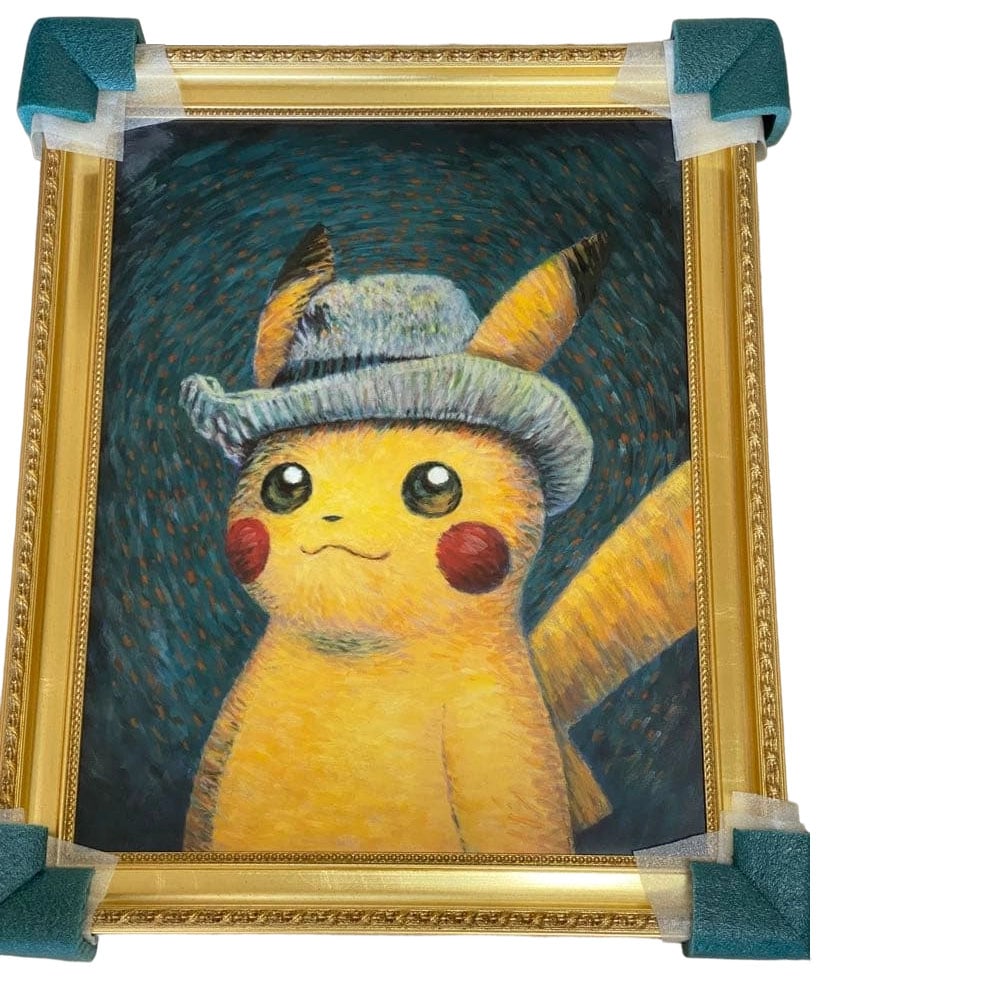 Van Gogh Pikachu Canvas Art, Size M, Gold Frame, with Certificate, Pokmon: Canvas Art with Gold Frame and Certificate Amsterdam Van Gogh Museum 50th Anniversary Commemorative Van Gogh Giclee, Pikachu Canvas Print, Size: Medium (65cmx50cm), Frame: Gold (including frame