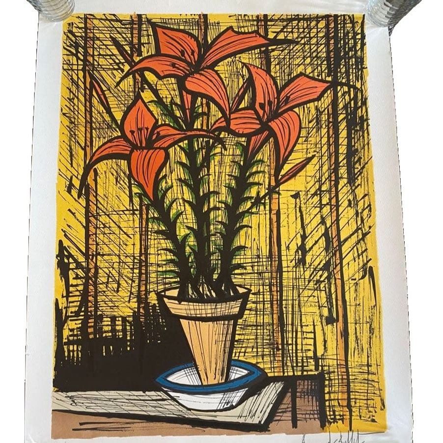 Bernard Buffet (??): Bernard Buffet A lithograph depicting orange flowers created by Buffet. Stored in a tube for an extended period. Condition as shown in the images. Dimensions approximately 75.5 x 58 cm. Unframed, will