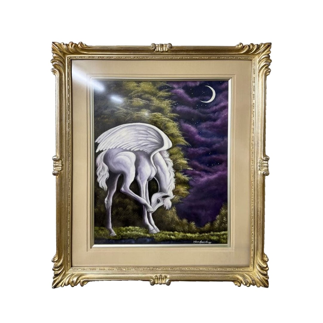 Oil Painting by Ma - "The Birth of Pegasus" - Size F10: A fantasy artwork depicting a mysterious white bird, accompanied by a decorative gold frame. - Art Style: Fantasy - Primary Colors: White, Purple, Green - Frame Design: Decorative Gold Frame - Theme: