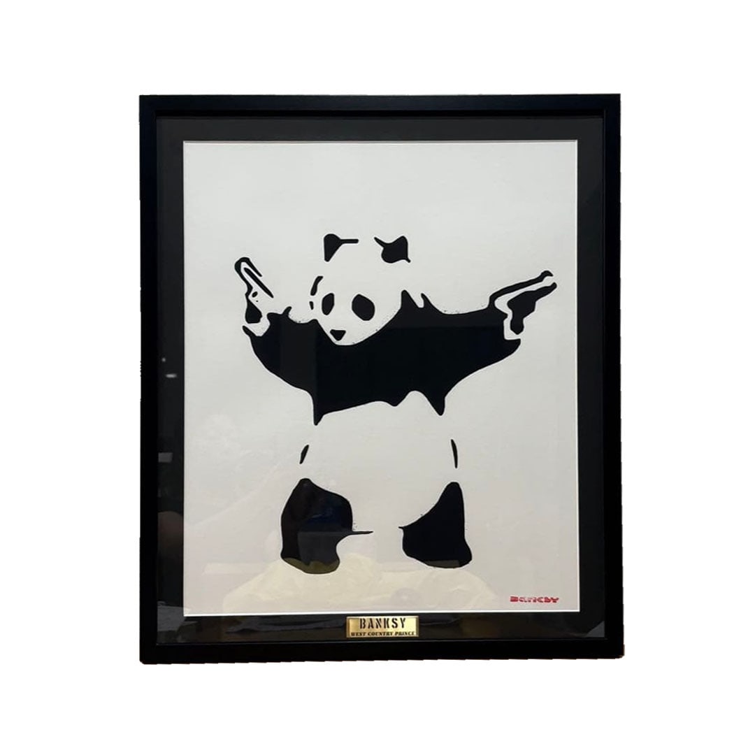Banksy "Panda Guns" with COA certificate: Banksy PAMDA GUNS with COA Certificate PAMDA GUNS screen print, image size 60x50cm, edition of 500 (two-digit number). The reverse of the image is inscribed with the WCP mark, accompanied by a COA
