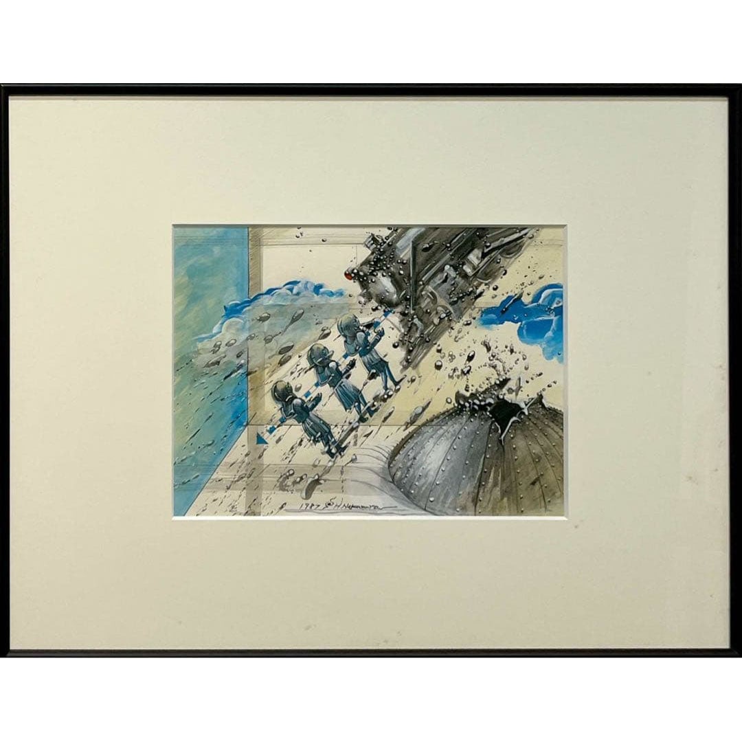 Nakamura Hiroshi, Original Drawing, 1987, Pencil and Acrylic, Framed Work.: This is an original artwork created by Hiromu Nakamura in 1987. The piece is executed in pencil and acrylic on paper. The artist's handwritten signature "1987 H. Nakamura" is visible at the bottom of