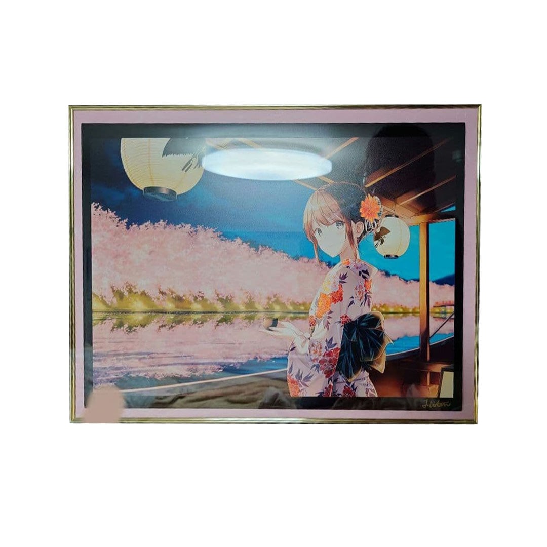 Hiten lacquer painting print: Hiten Lacquer Painting Print An animated art piece depicting a woman in kimono under a cherry blossom tree, featuring vibrant colors and a signature. There are slight stains on the reverse. The artist